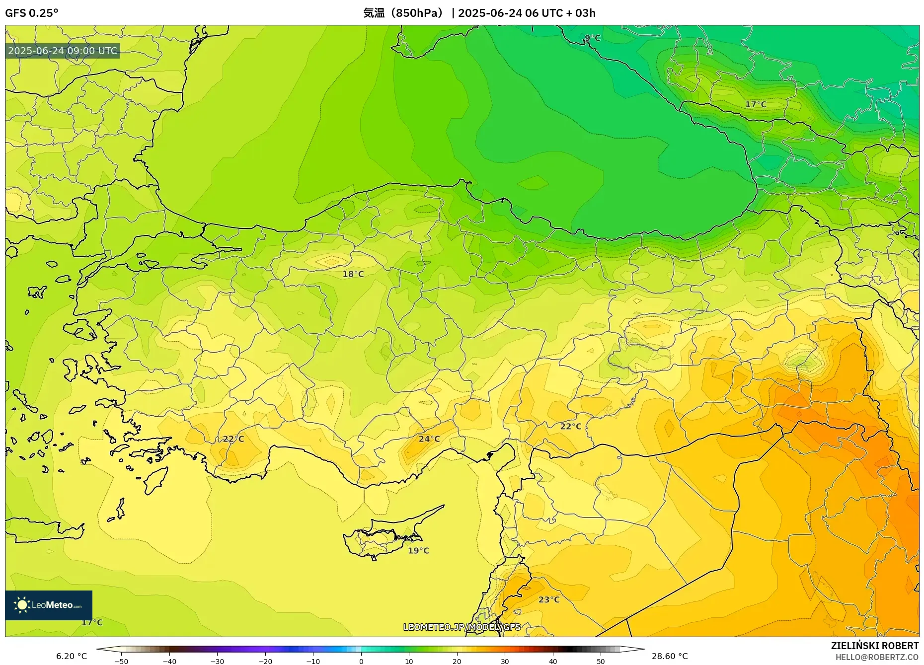 GFS model - トルコ, 気温(850hPa) GFS model - トルコ, 気温(850hPa)