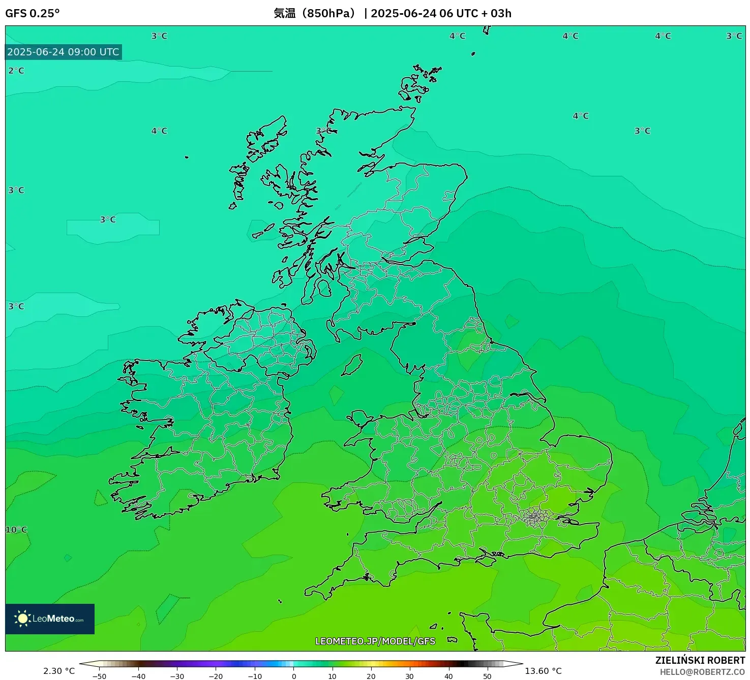 GFS model - イギリス, 気温(850hPa) GFS model - イギリス, 気温(850hPa)