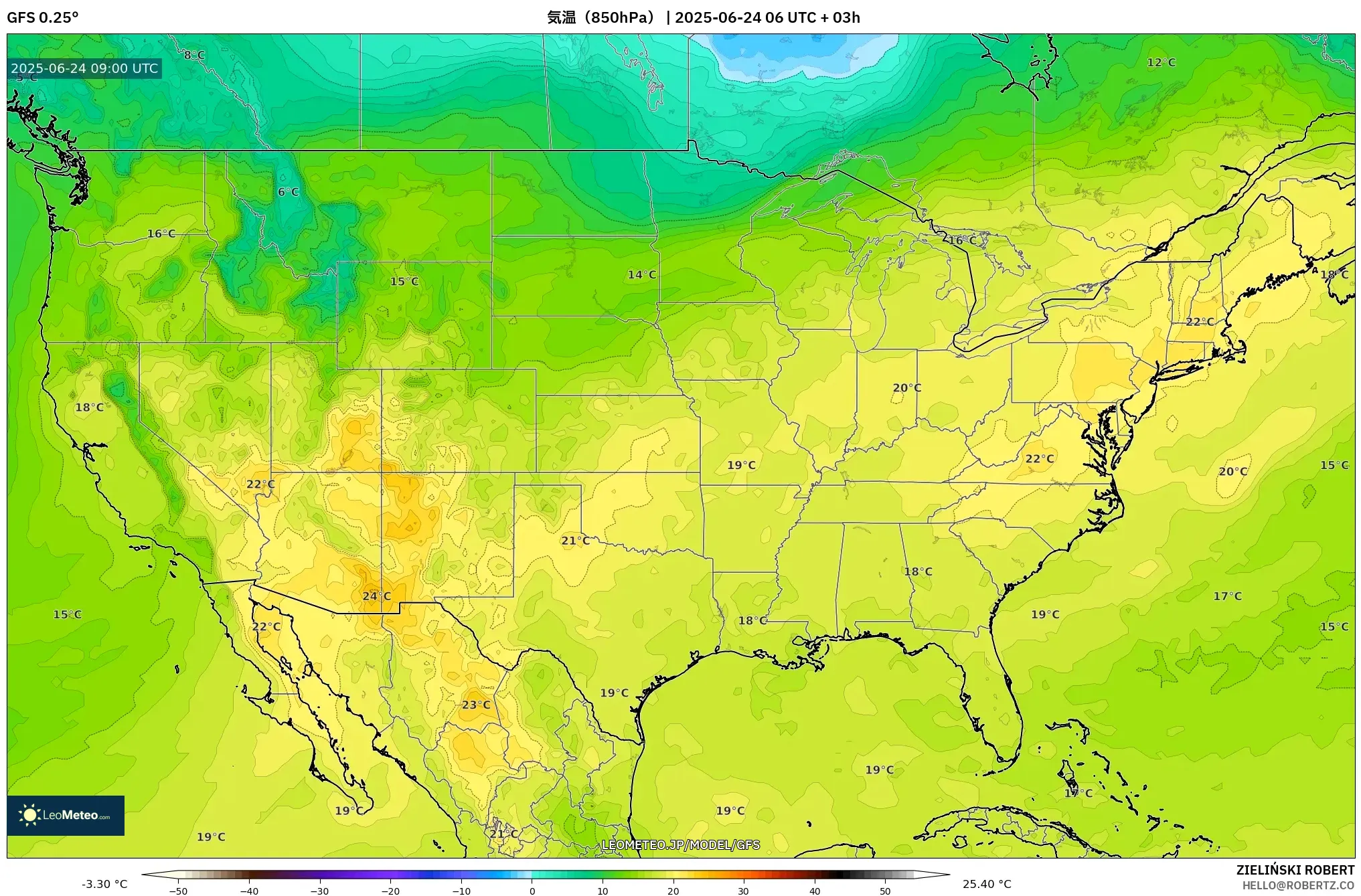 GFS model - アメリカ合衆国, 気温(850hPa) GFS model - アメリカ合衆国, 気温(850hPa)