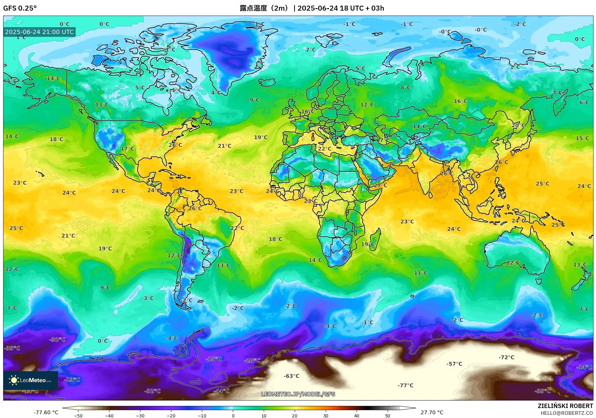 GFS model - 世界, 露点温度(2m) GFS model - 世界, 露点温度(2m)