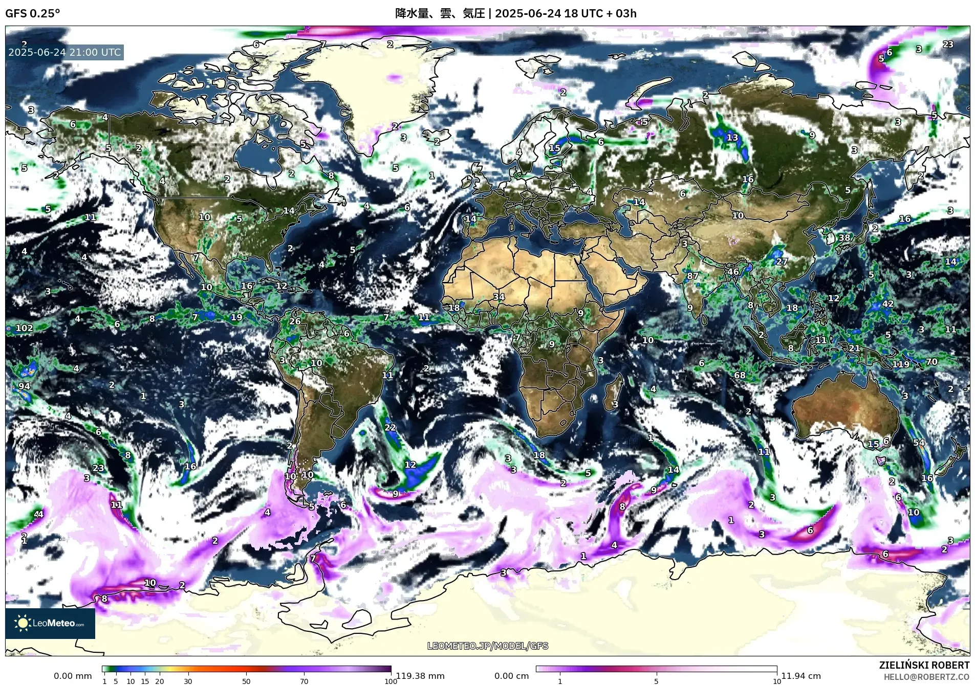 GFS model - 世界, 降水量、雲、気圧 GFS model - 世界, 降水量、雲、気圧