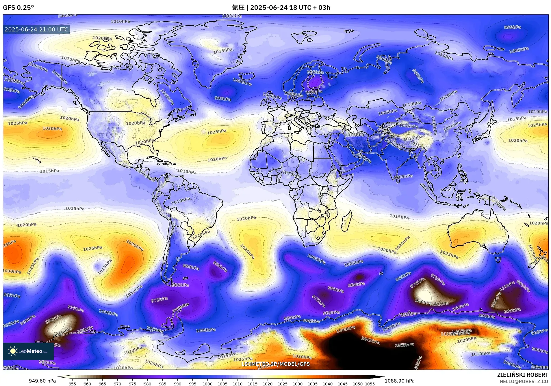 GFS model - 世界, 気圧 GFS model - 世界, 気圧
