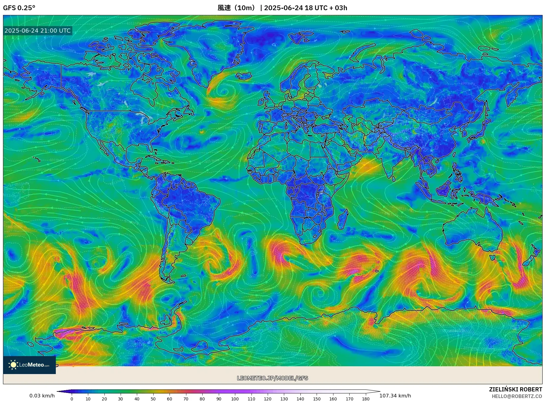 GFS model - 世界, 風速(10m) GFS model - 世界, 風速(10m)
