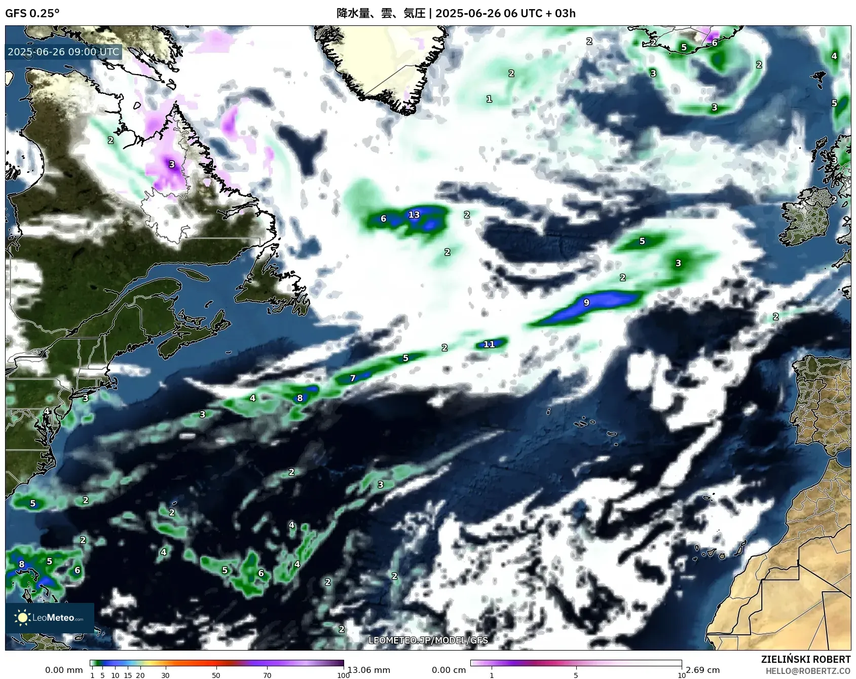 GFS model - 北大西洋, 降水量、雲、気圧 GFS model - 北大西洋, 降水量、雲、気圧