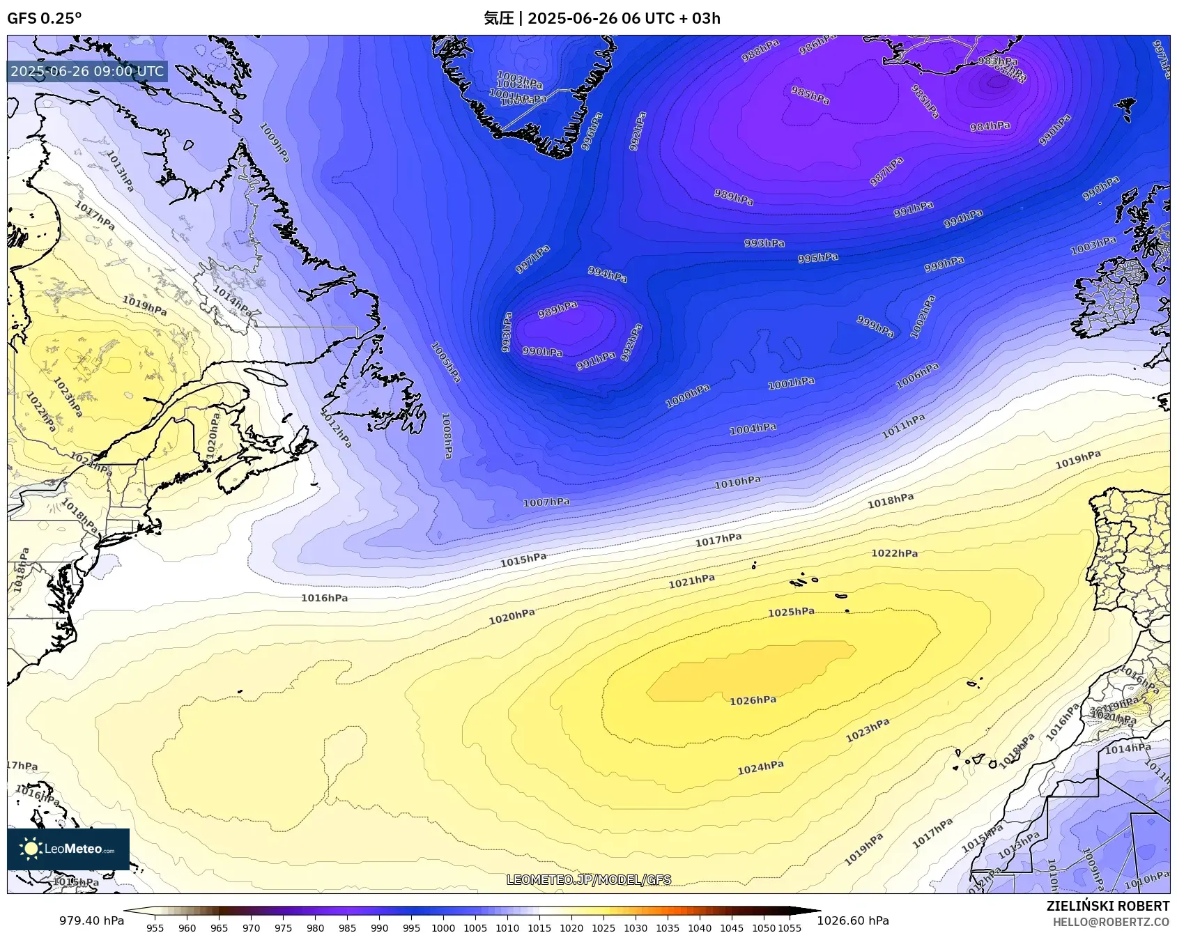 GFS model - 北大西洋, 気圧 GFS model - 北大西洋, 気圧