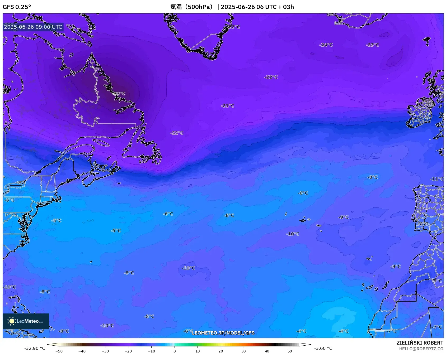 GFS model - 北大西洋, 気温(500hPa) GFS model - 北大西洋, 気温(500hPa)