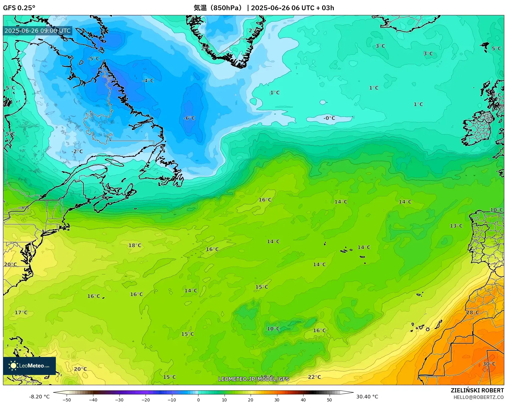 GFS model - 北大西洋, 気温(850hPa) GFS model - 北大西洋, 気温(850hPa)