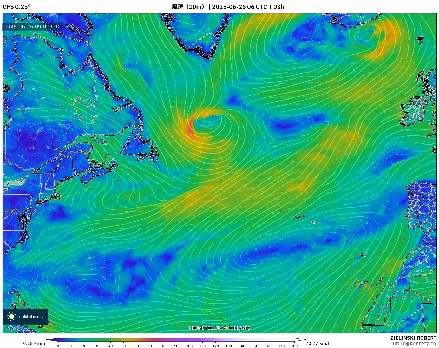 GFS model - 北大西洋, 風速(10m) GFS model - 北大西洋, 風速(10m)