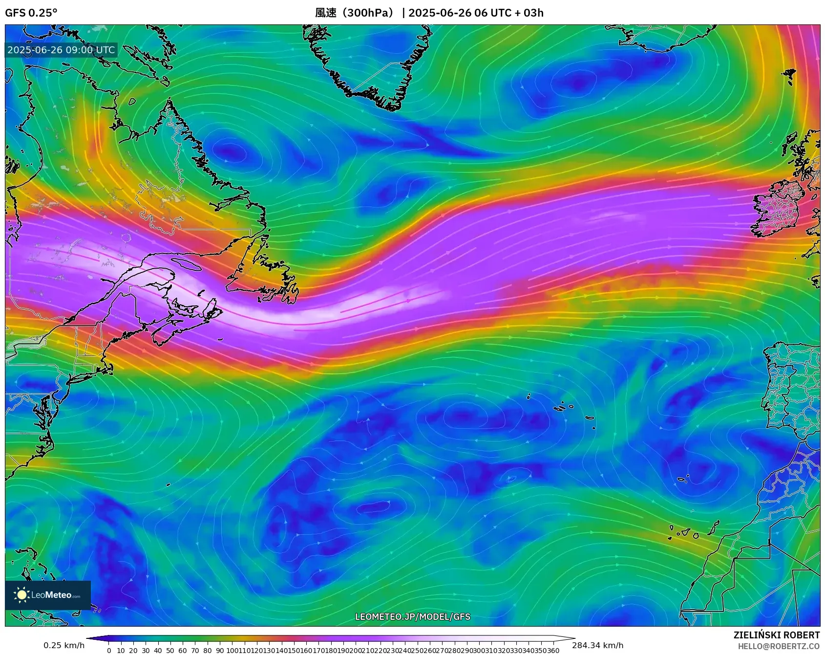GFS model - 北大西洋, 風速(300hPa) GFS model - 北大西洋, 風速(300hPa)