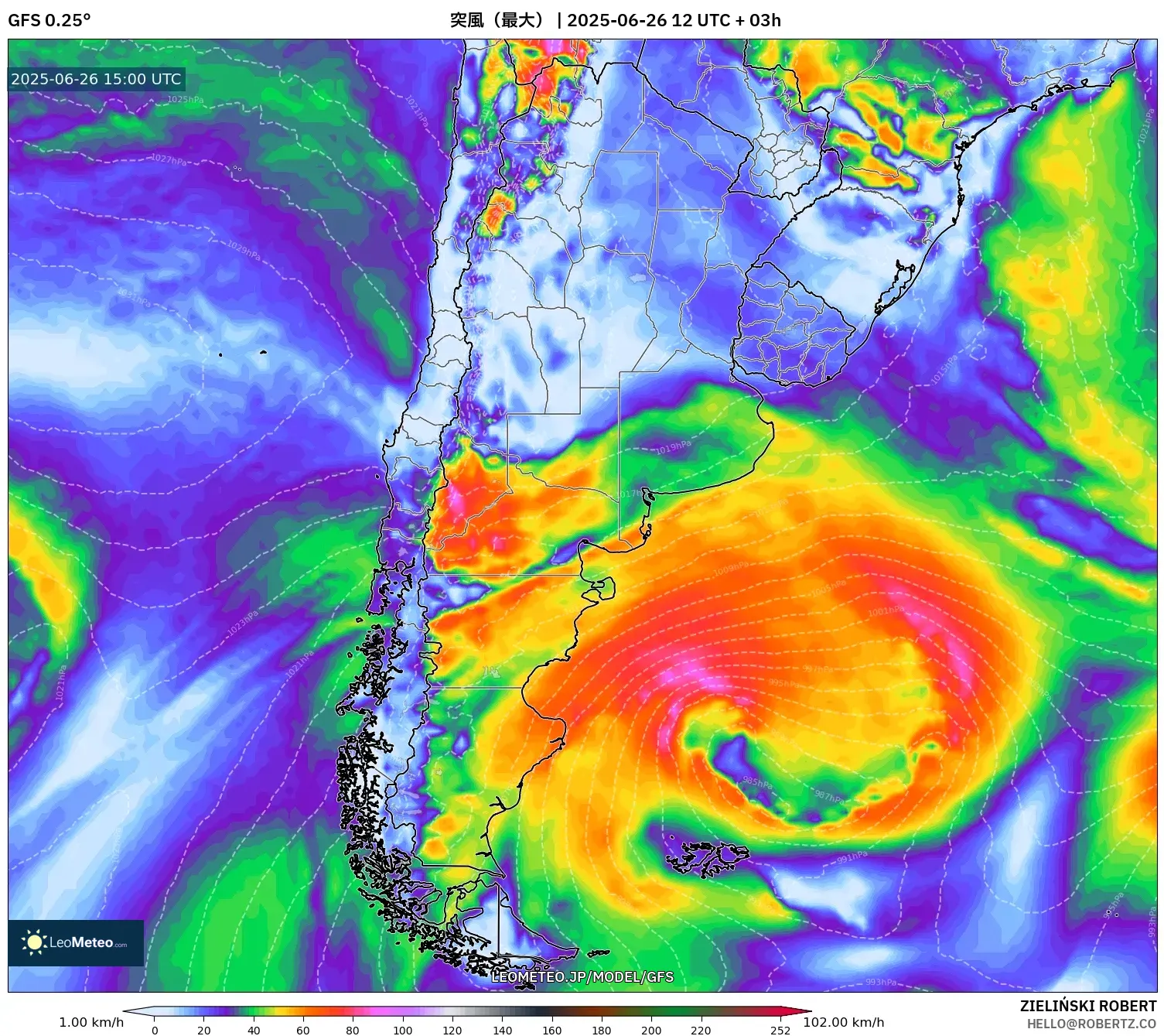 GFS model - アルゼンチン, 突風(最大) GFS model - アルゼンチン, 突風(最大)