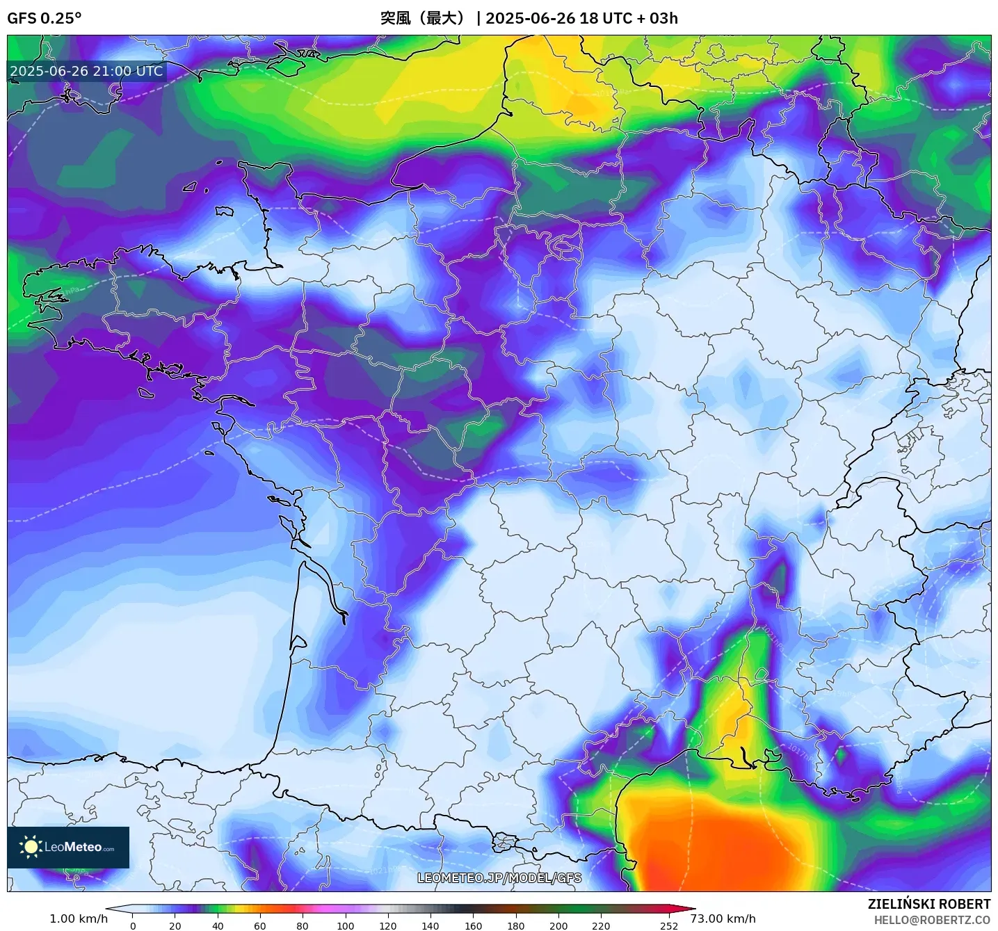 GFS model - フランス, 突風(最大) GFS model - フランス, 突風(最大)