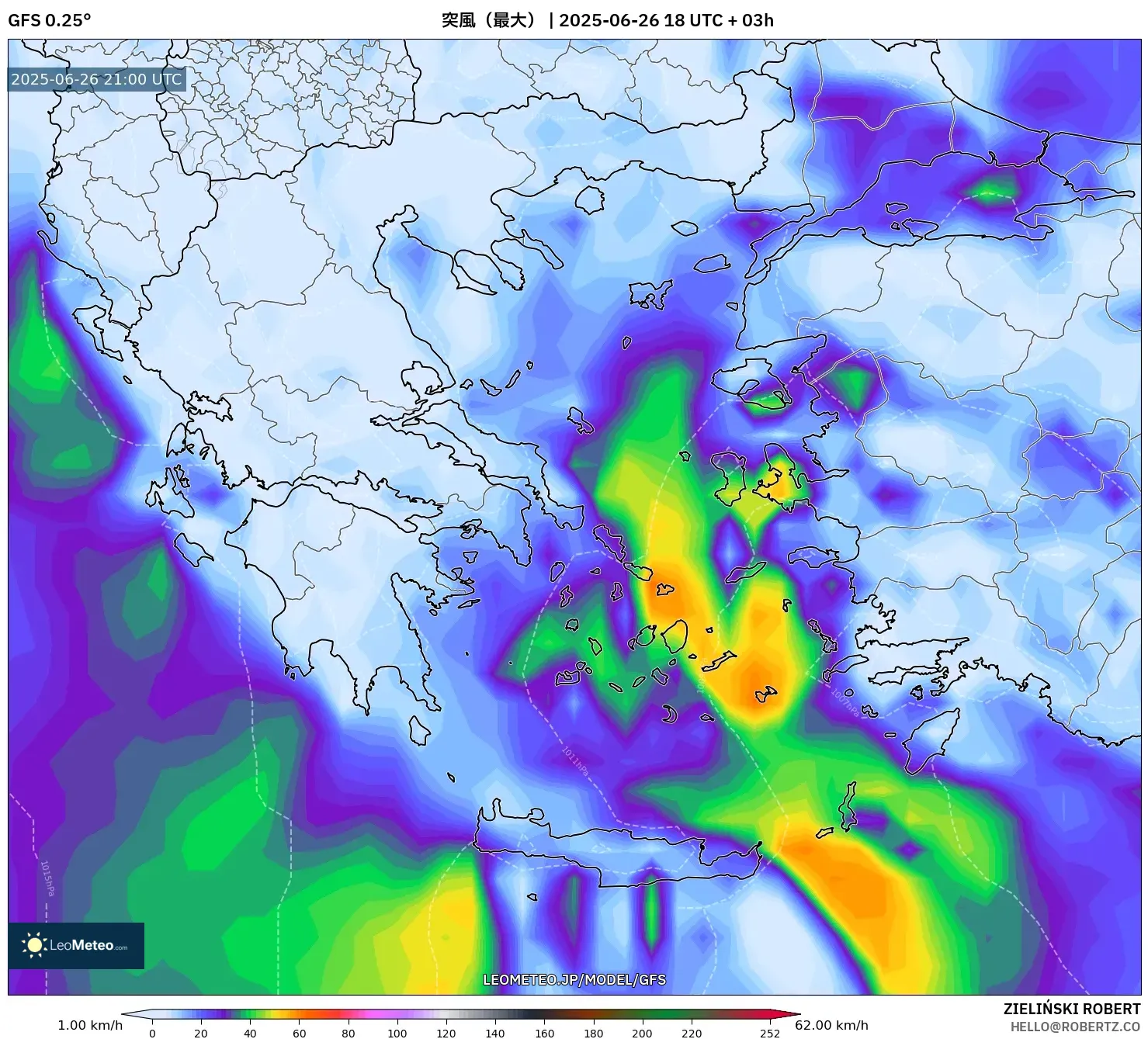 GFS model - ギリシャ, 突風(最大) GFS model - ギリシャ, 突風(最大)