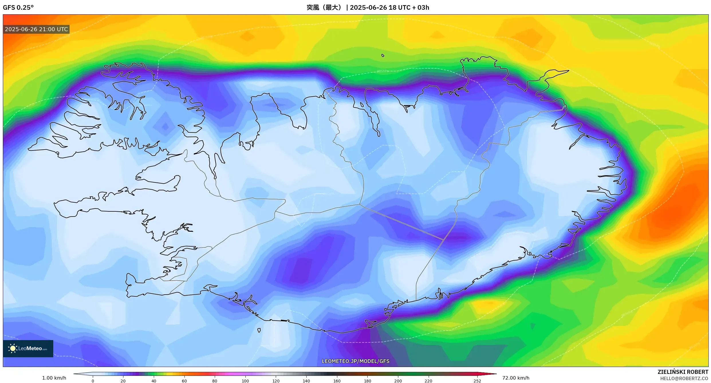 GFS model - アイスランド, 突風(最大) GFS model - アイスランド, 突風(最大)
