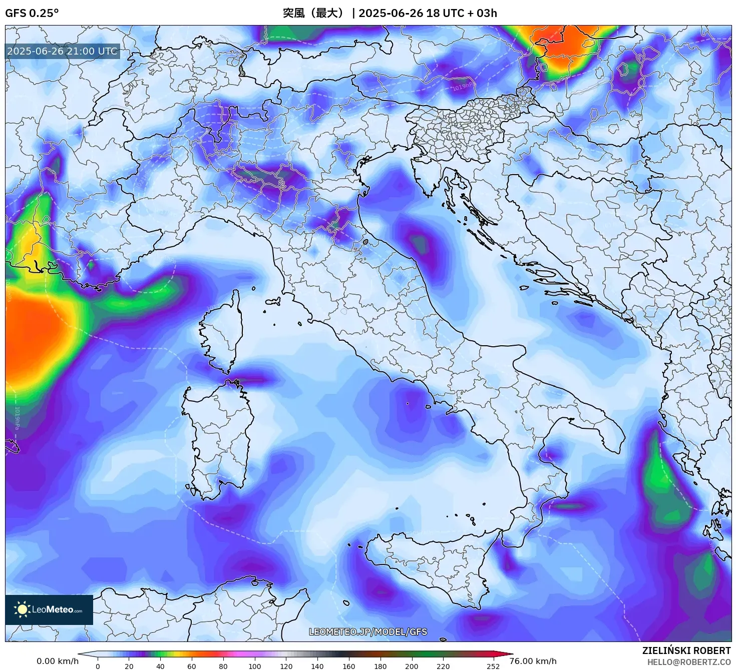 GFS model - イタリア, 突風(最大) GFS model - イタリア, 突風(最大)
