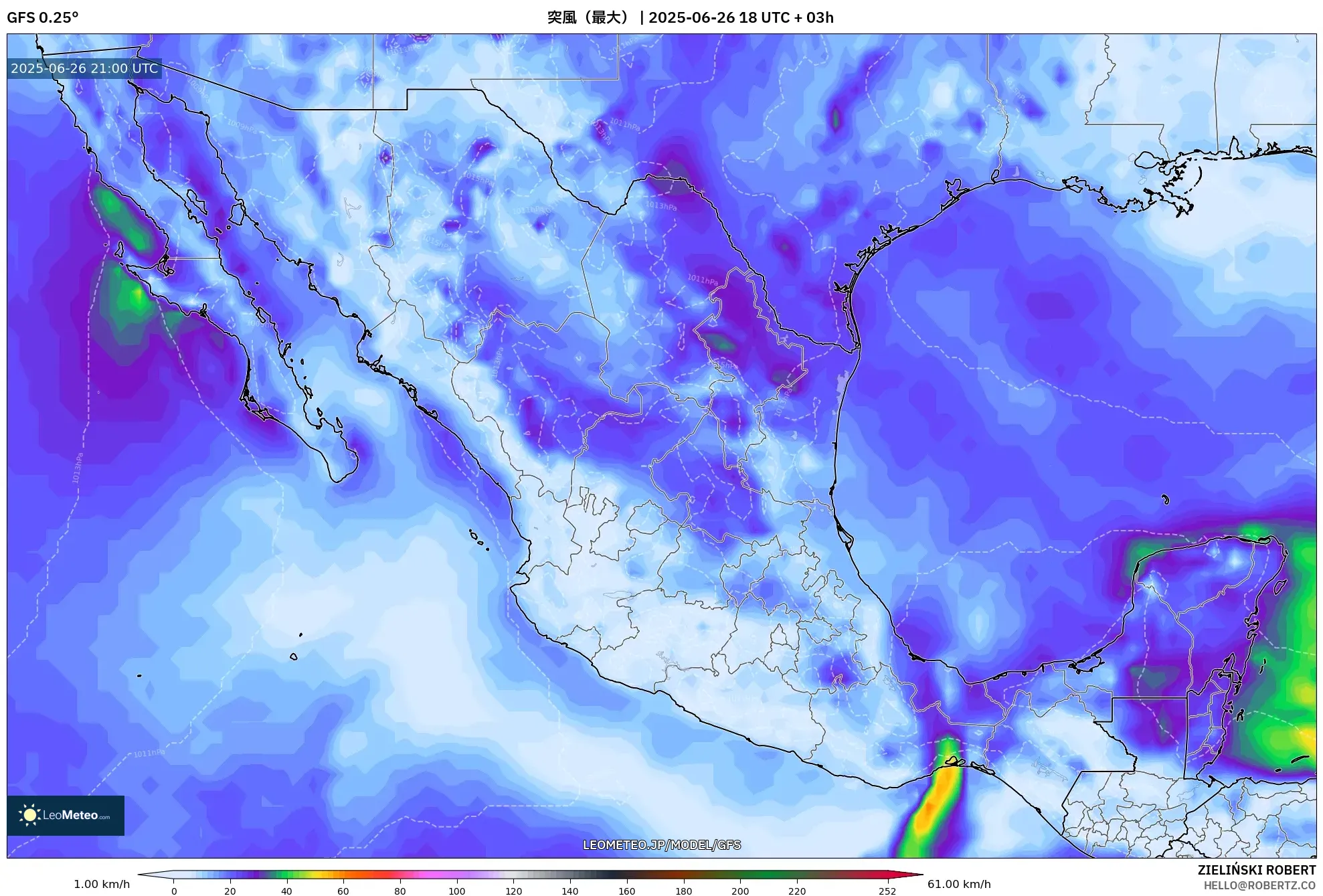 GFS model - メキシコ, 突風(最大) GFS model - メキシコ, 突風(最大)