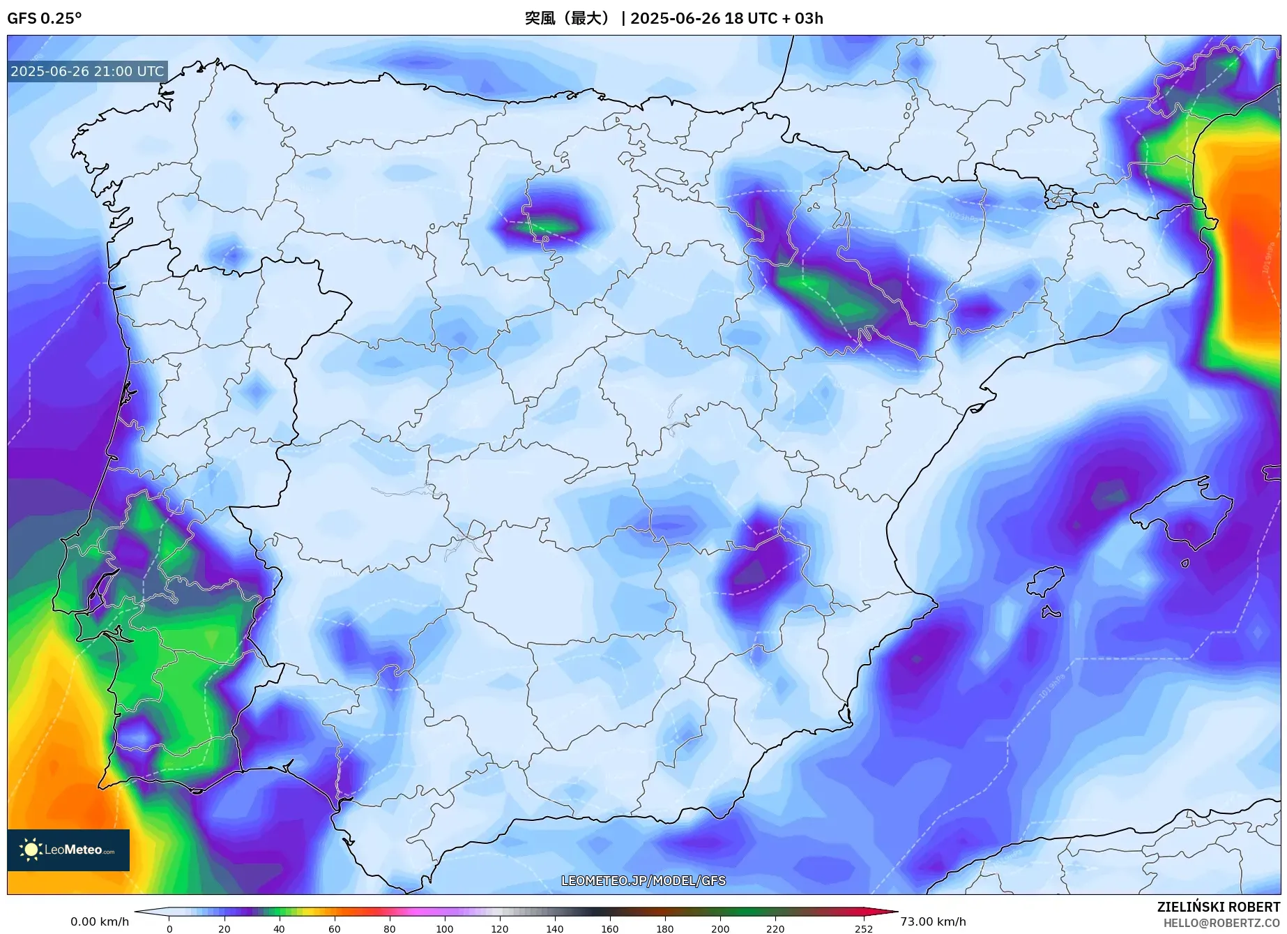 GFS model - スペイン, 突風(最大) GFS model - スペイン, 突風(最大)