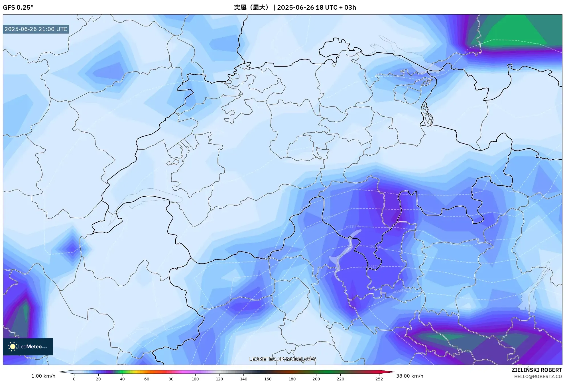 GFS model - スイス, 突風(最大) GFS model - スイス, 突風(最大)
