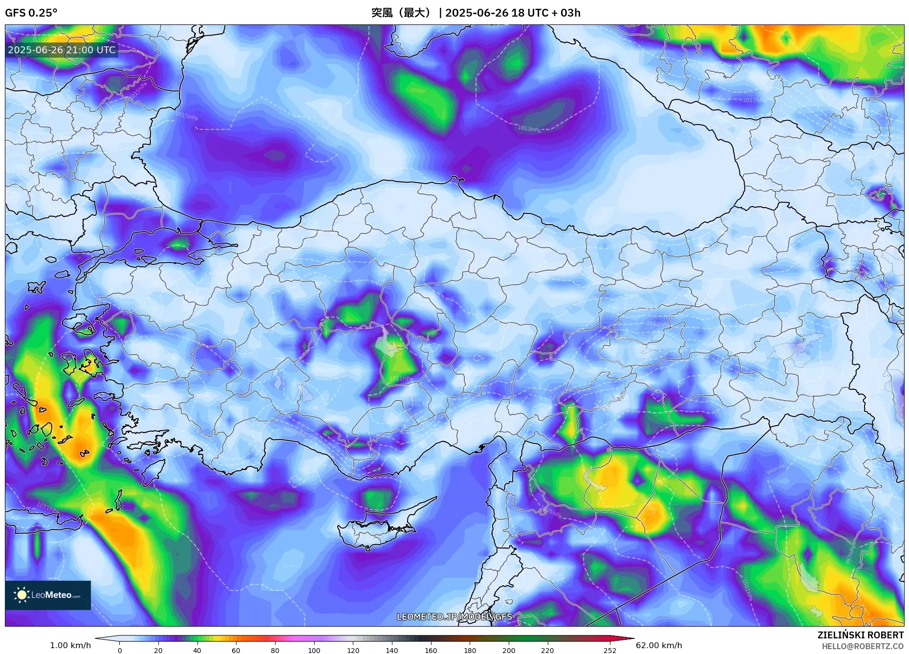 GFS model - トルコ, 突風（最大）