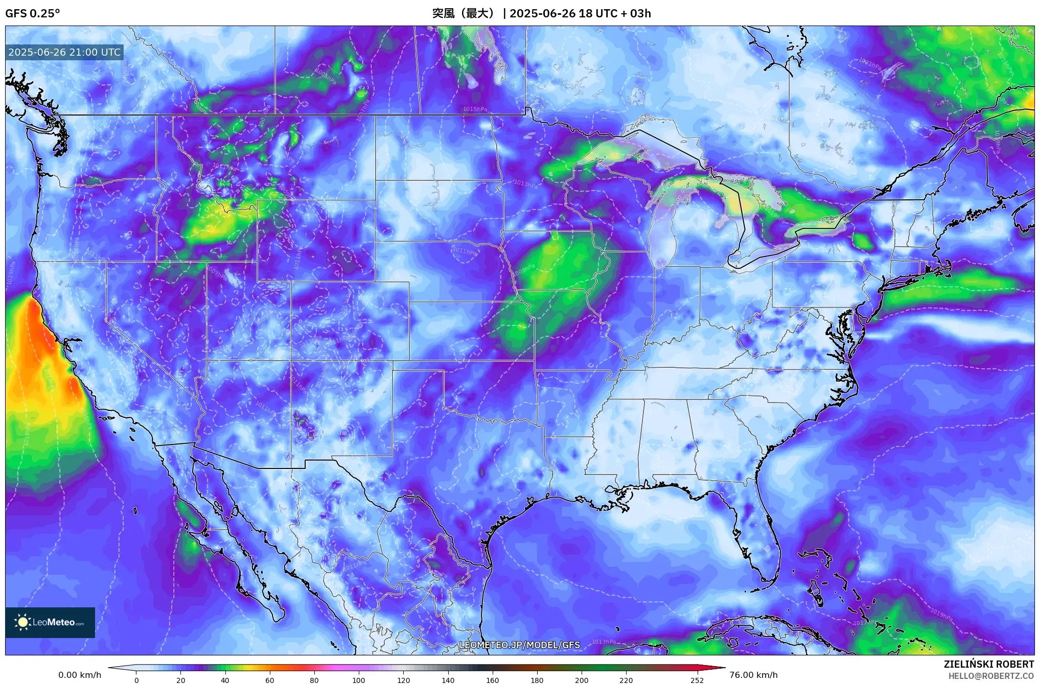 GFS model - アメリカ合衆国, 突風（最大）