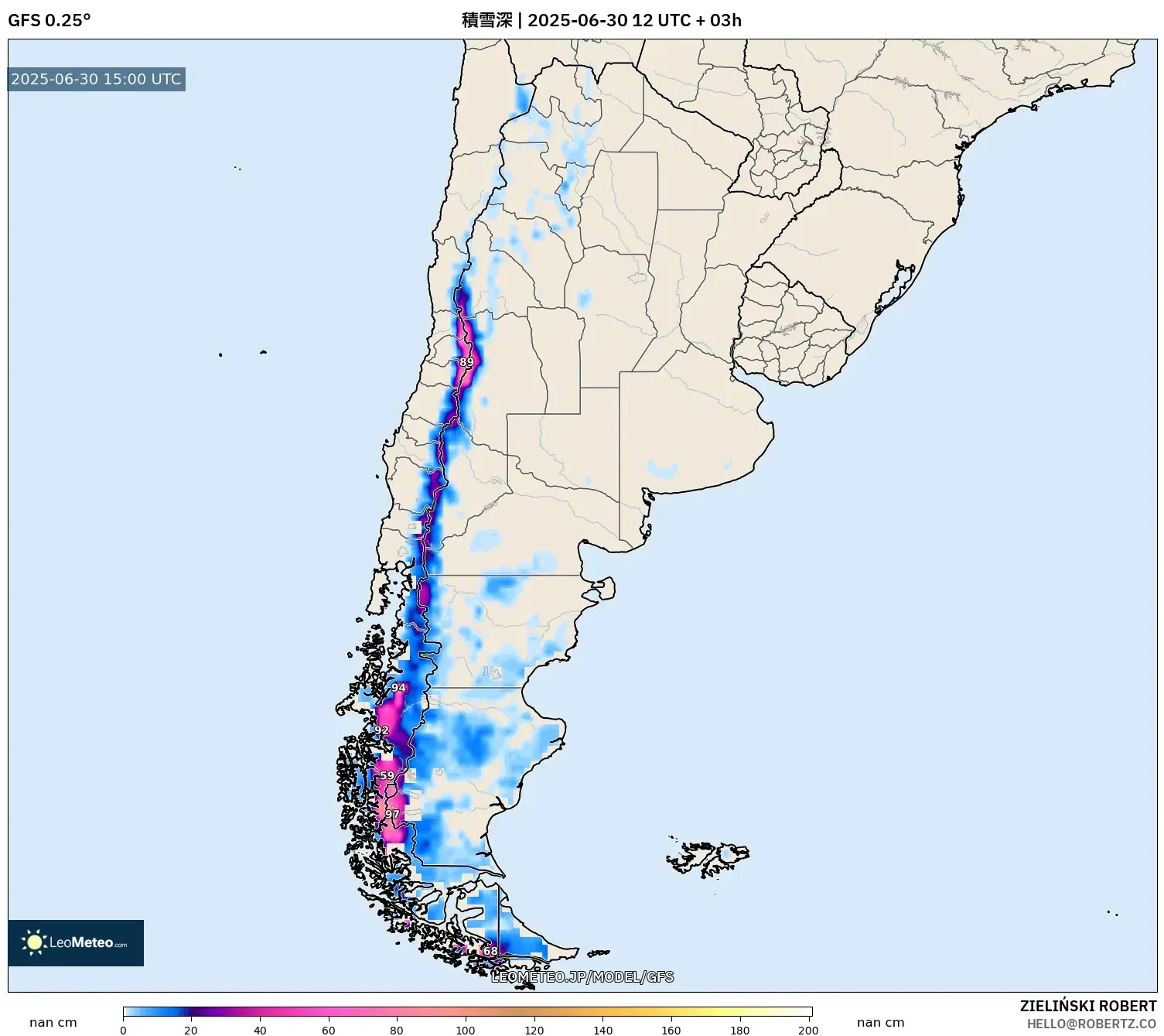 GFS model - アルゼンチン, 積雪深 GFS model - アルゼンチン, 積雪深