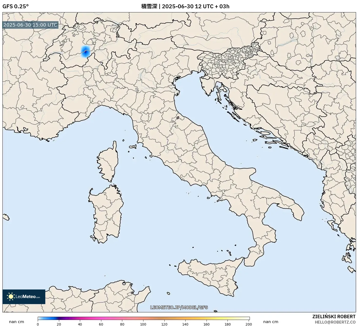 GFS model - イタリア, 積雪深 GFS model - イタリア, 積雪深