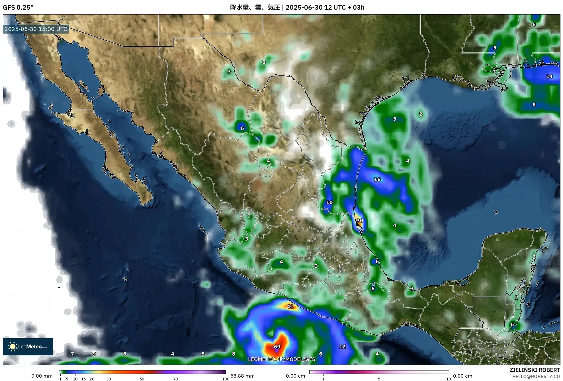 GFS model - メキシコ, 降水量、雲、気圧