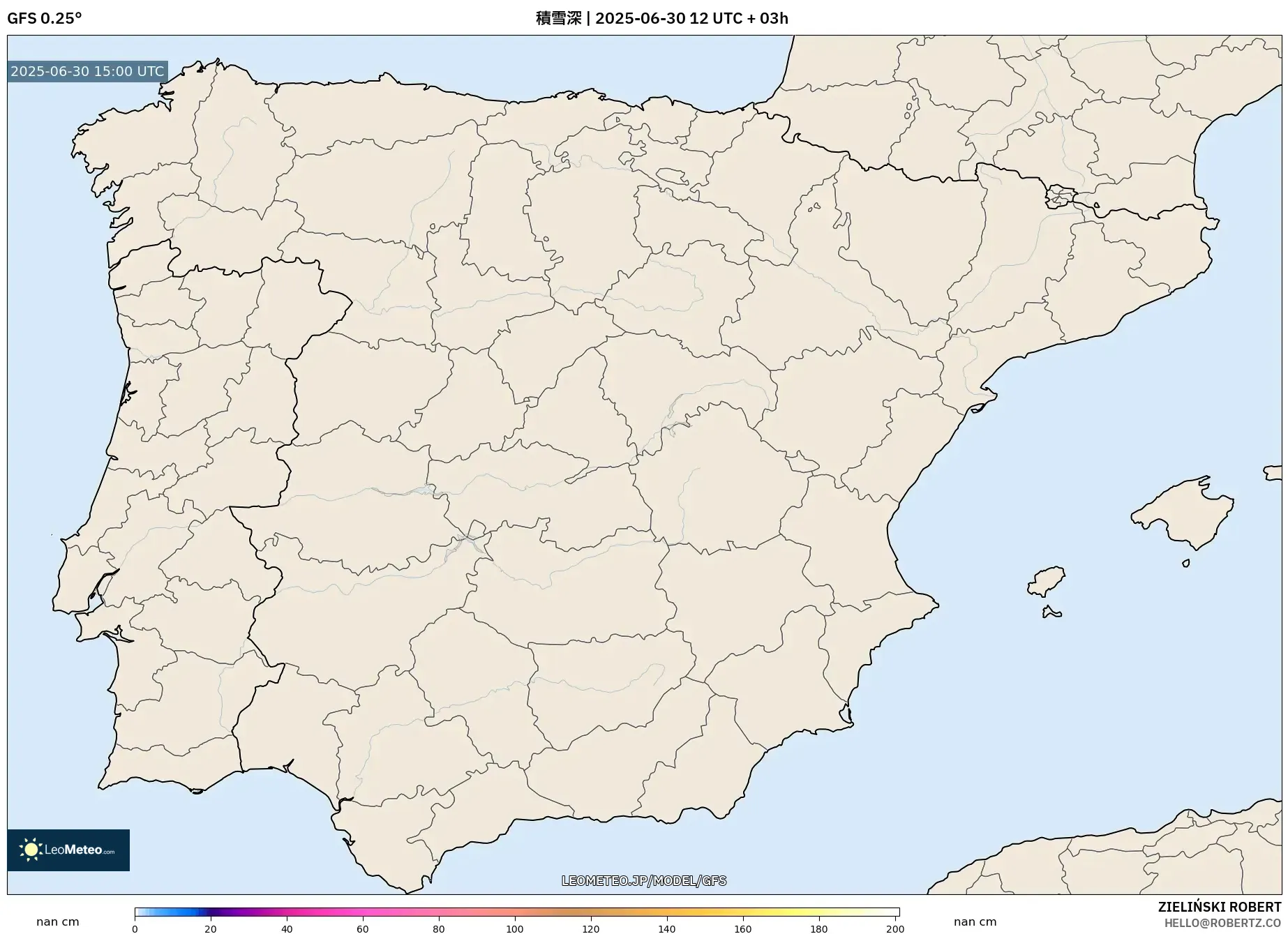 GFS model - スペイン, 積雪深 GFS model - スペイン, 積雪深