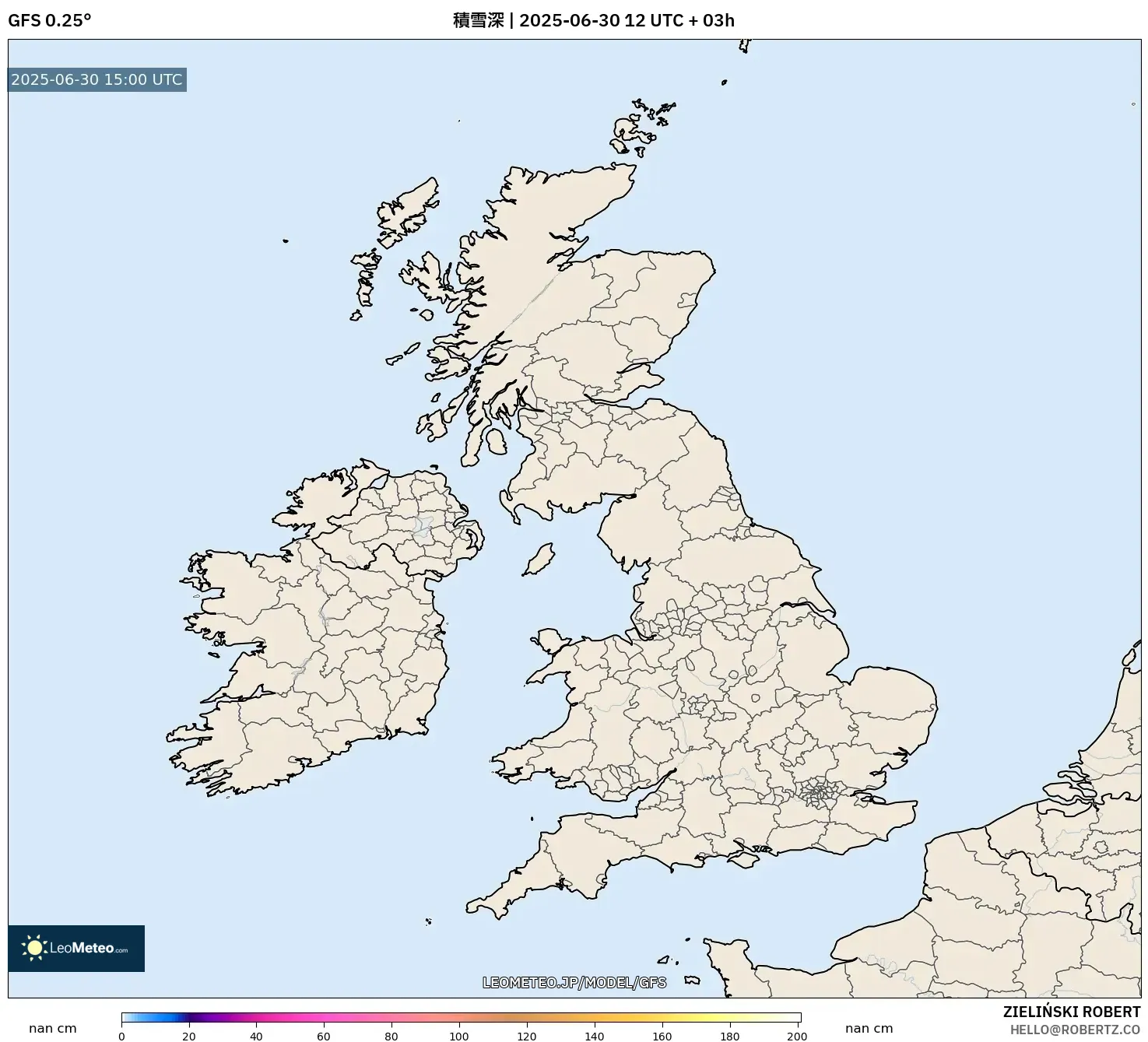 GFS model - イギリス, 積雪深 GFS model - イギリス, 積雪深