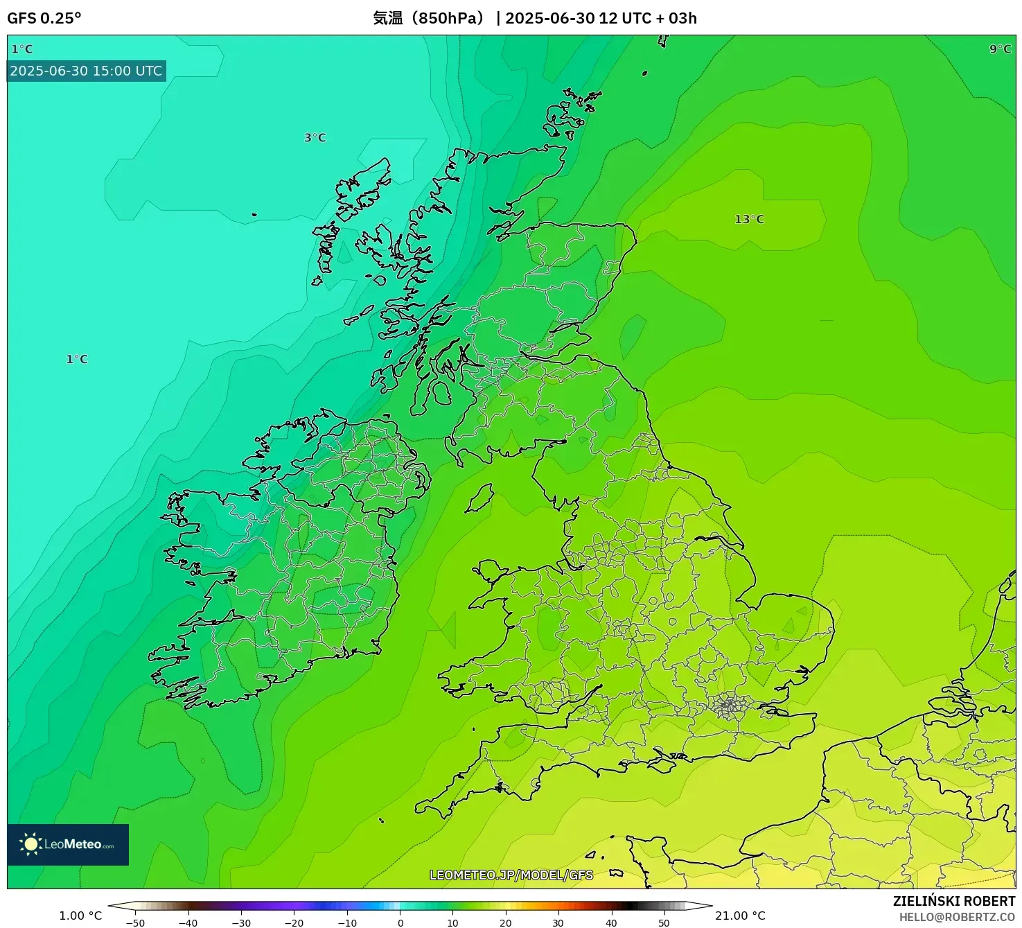 GFS model - イギリス, 気温(850hPa) GFS model - イギリス, 気温(850hPa)
