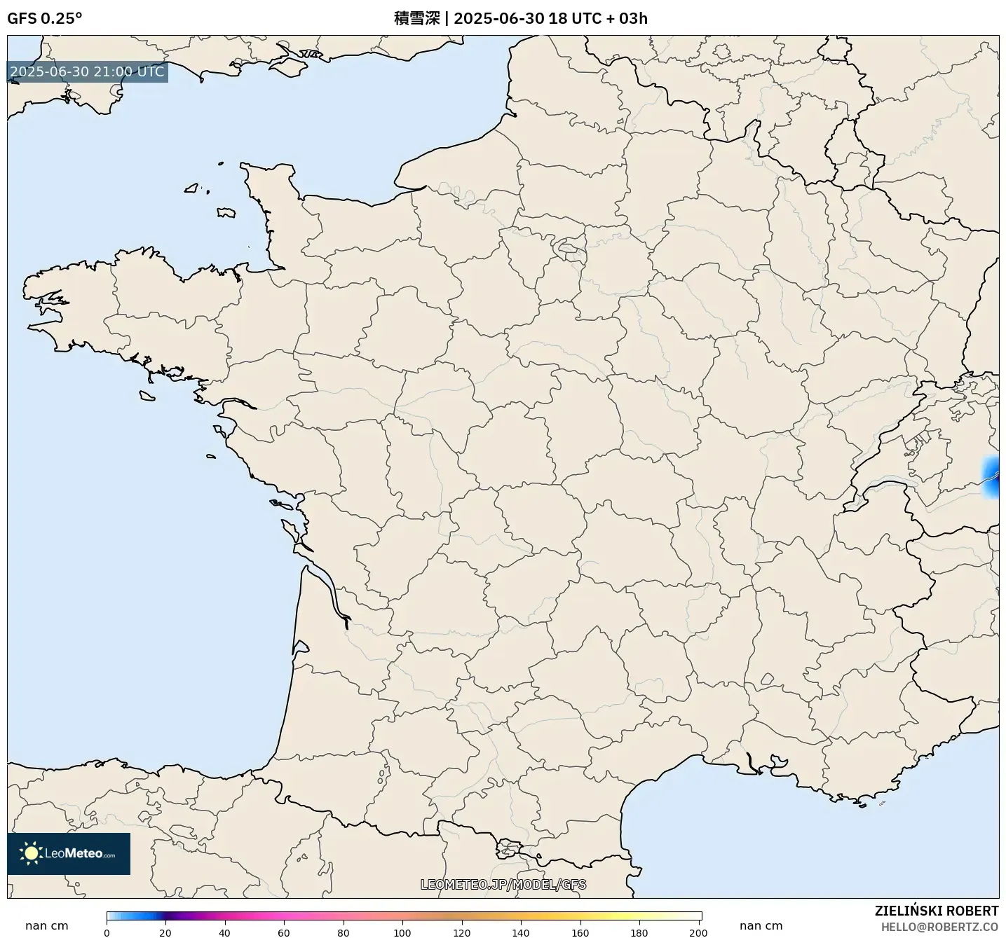 GFS model - フランス, 積雪深 GFS model - フランス, 積雪深