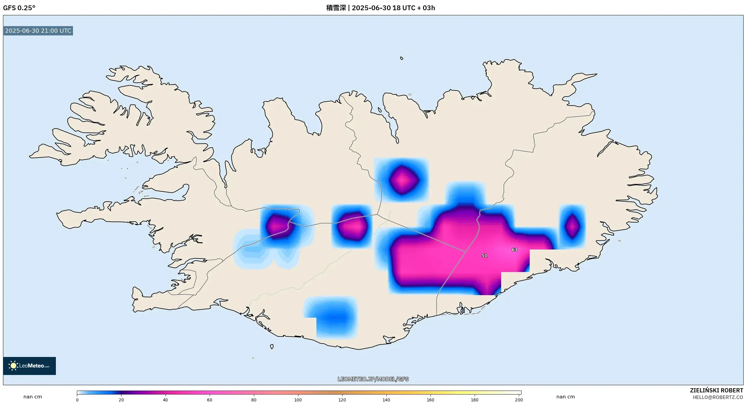 GFS model - アイスランド, 積雪深 GFS model - アイスランド, 積雪深