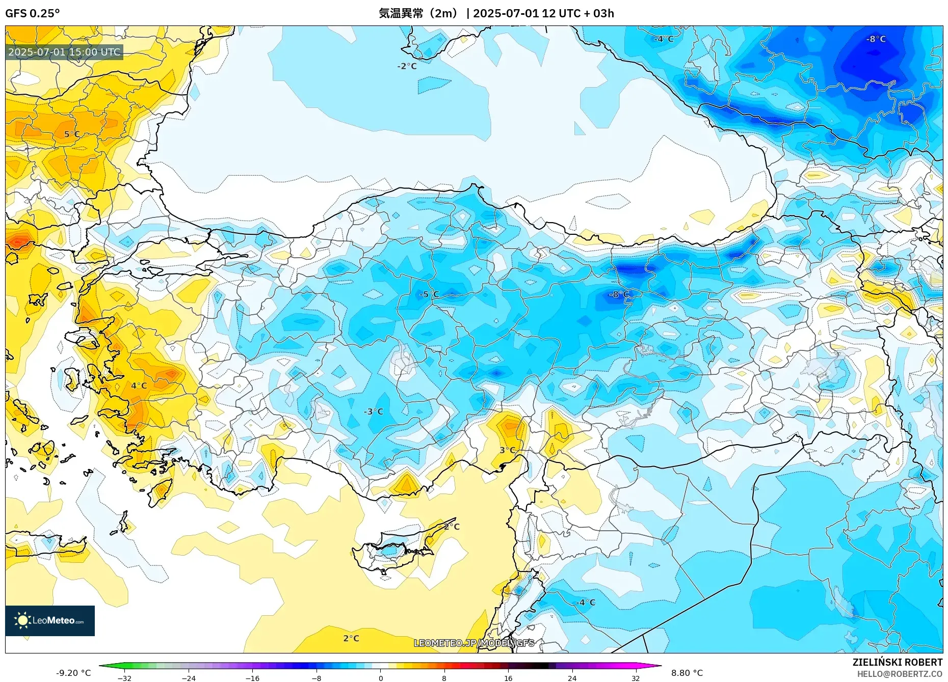 GFS model - トルコ, 気温異常(2m) GFS model - トルコ, 気温異常(2m)