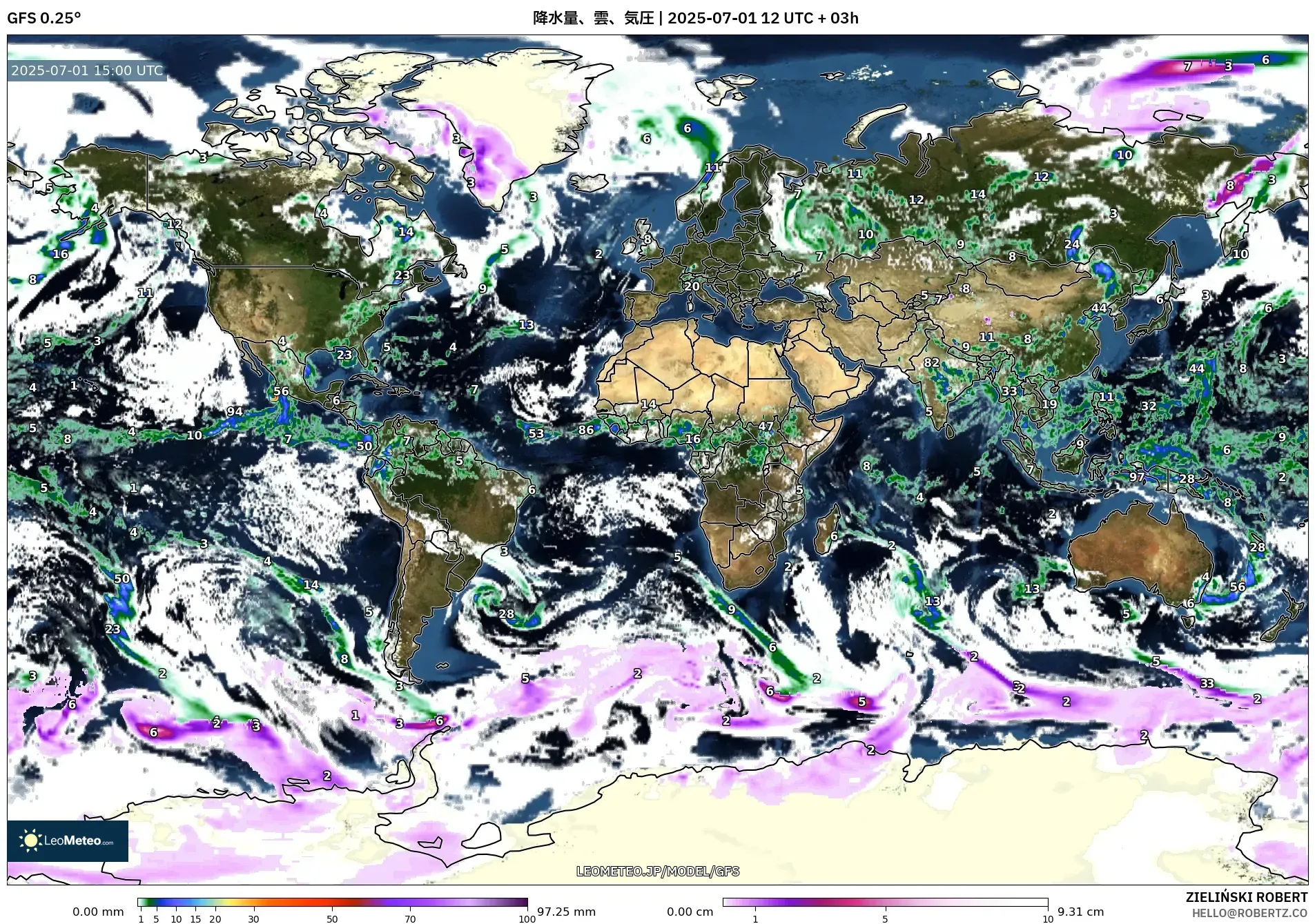 GFS model - 世界, 降水量、雲、気圧 GFS model - 世界, 降水量、雲、気圧