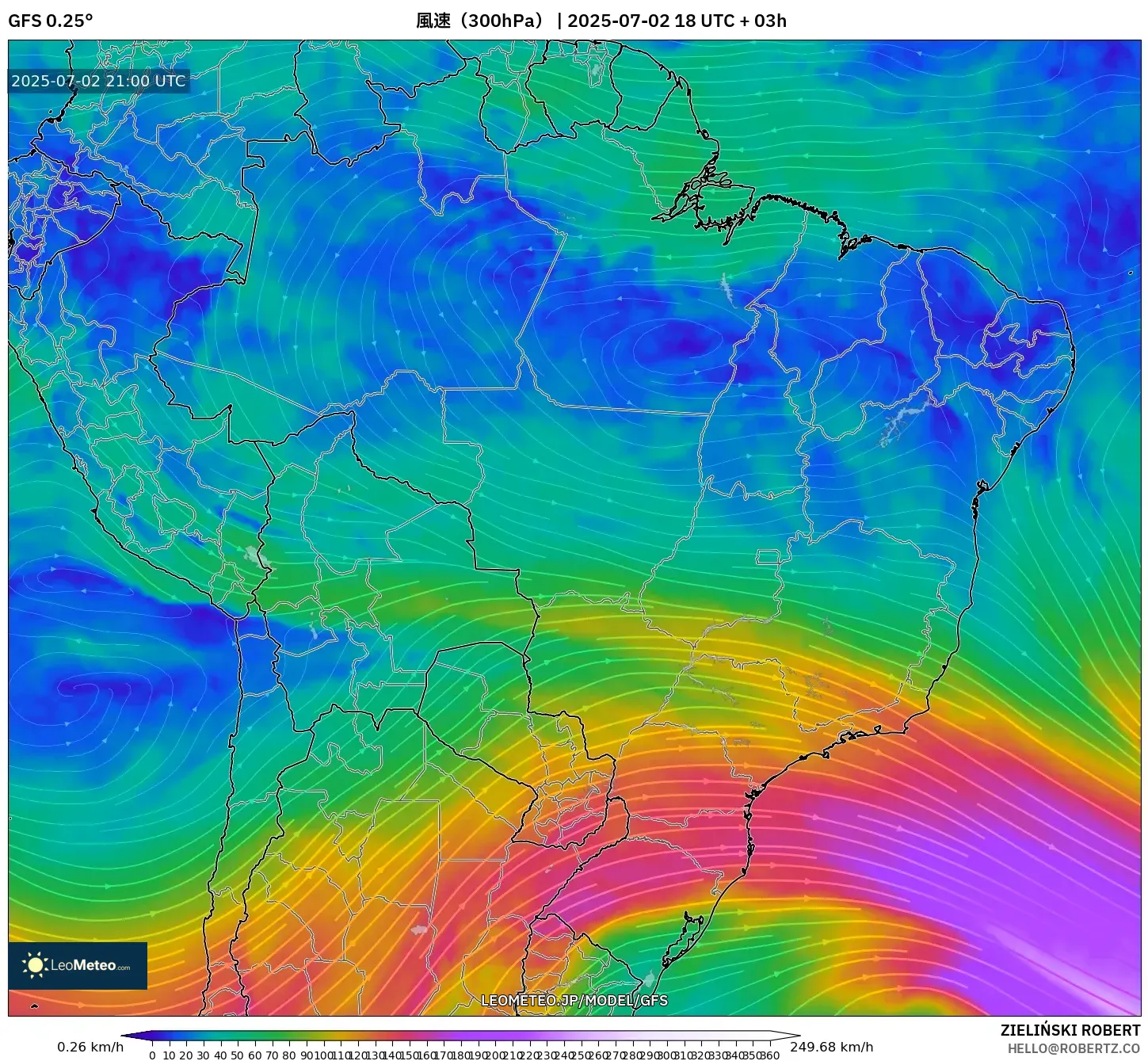 GFS model - ブラジル, 風速（300hPa）