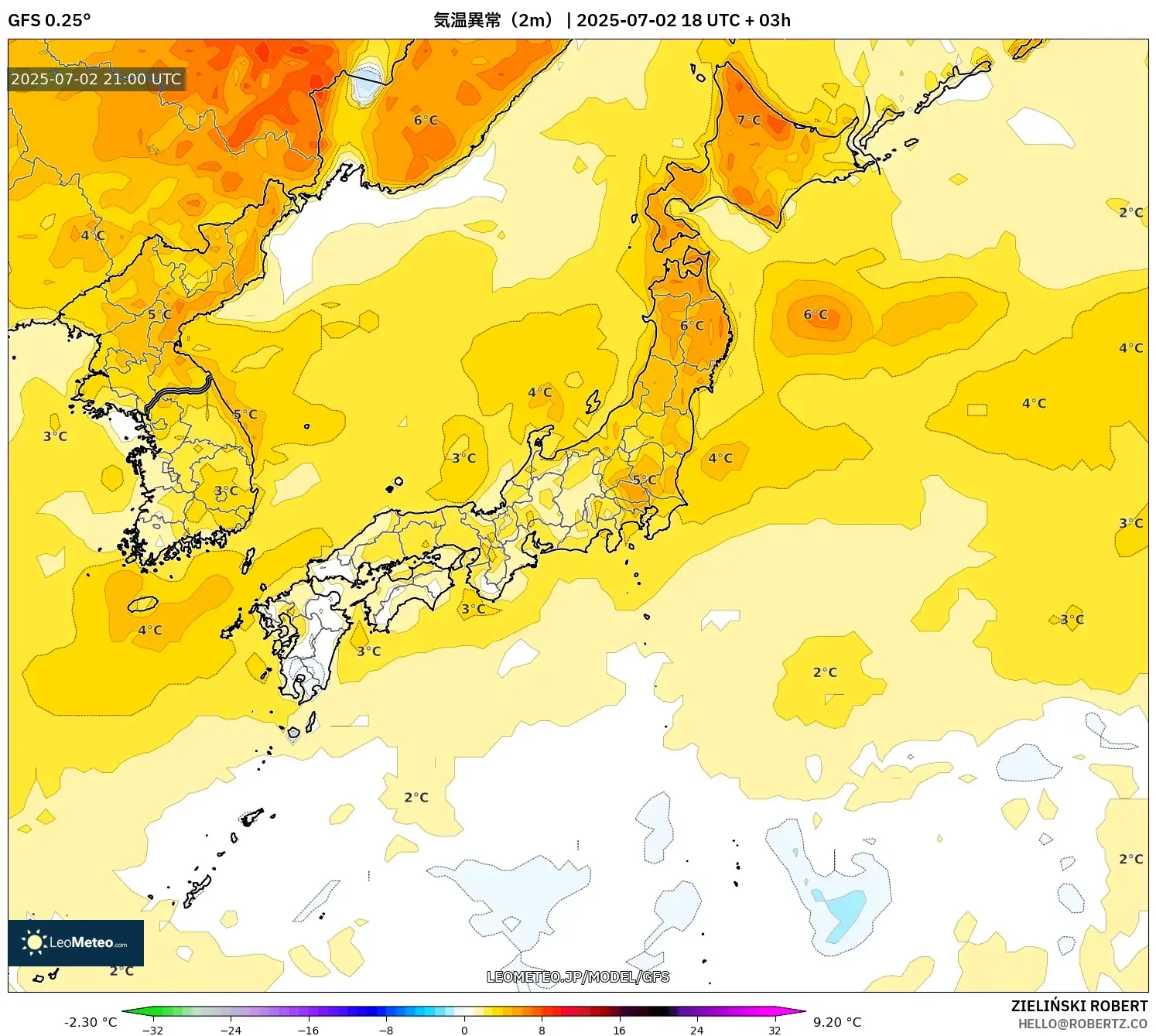 GFS model - 日本, 気温異常（2m）