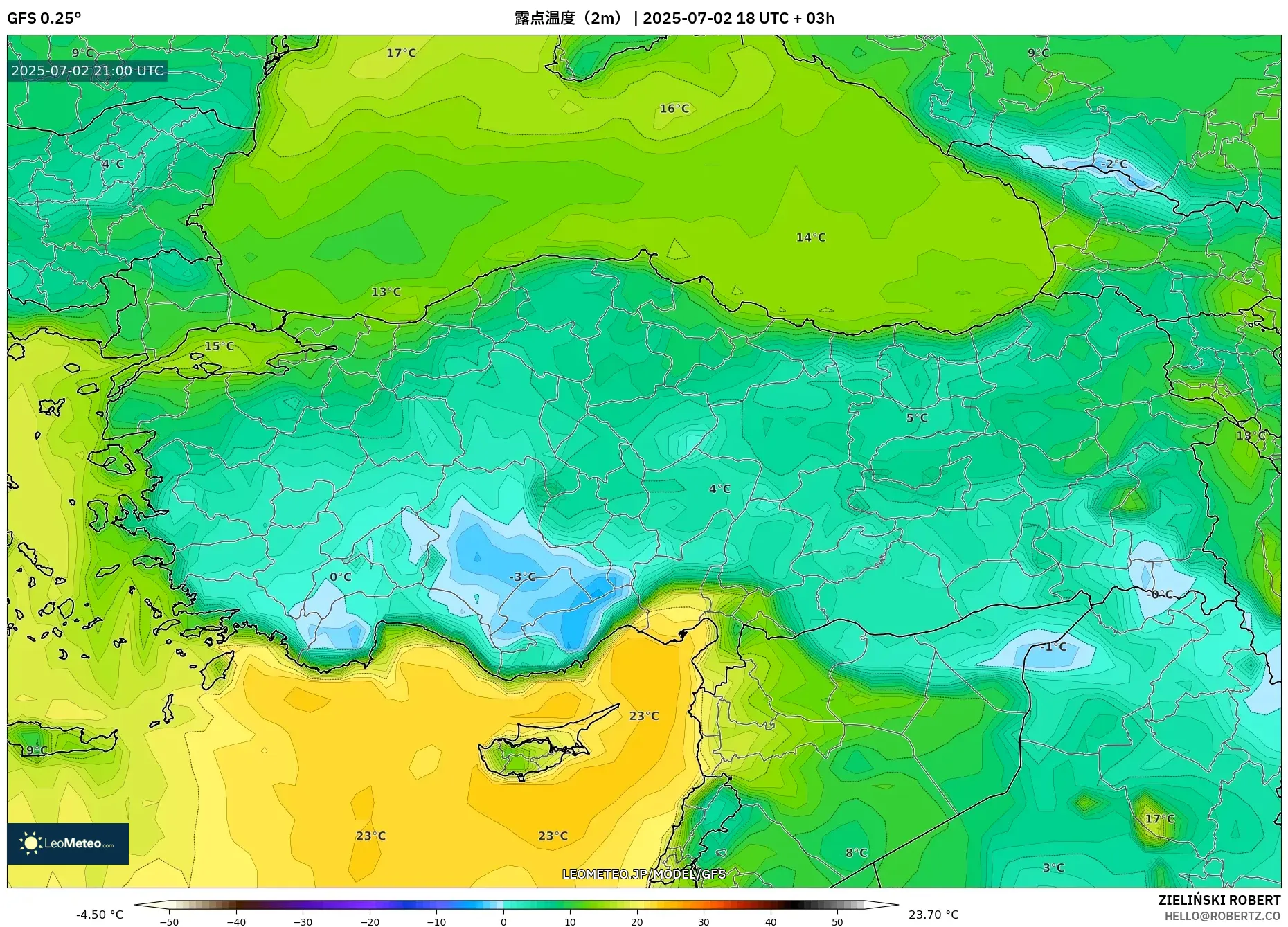 GFS model - トルコ, 露点温度（2m）