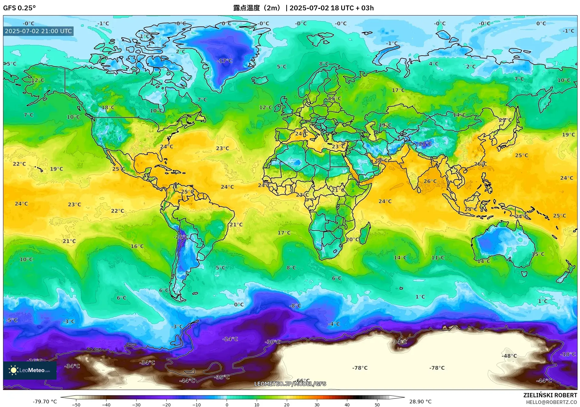 GFS model - 世界, 露点温度（2m）