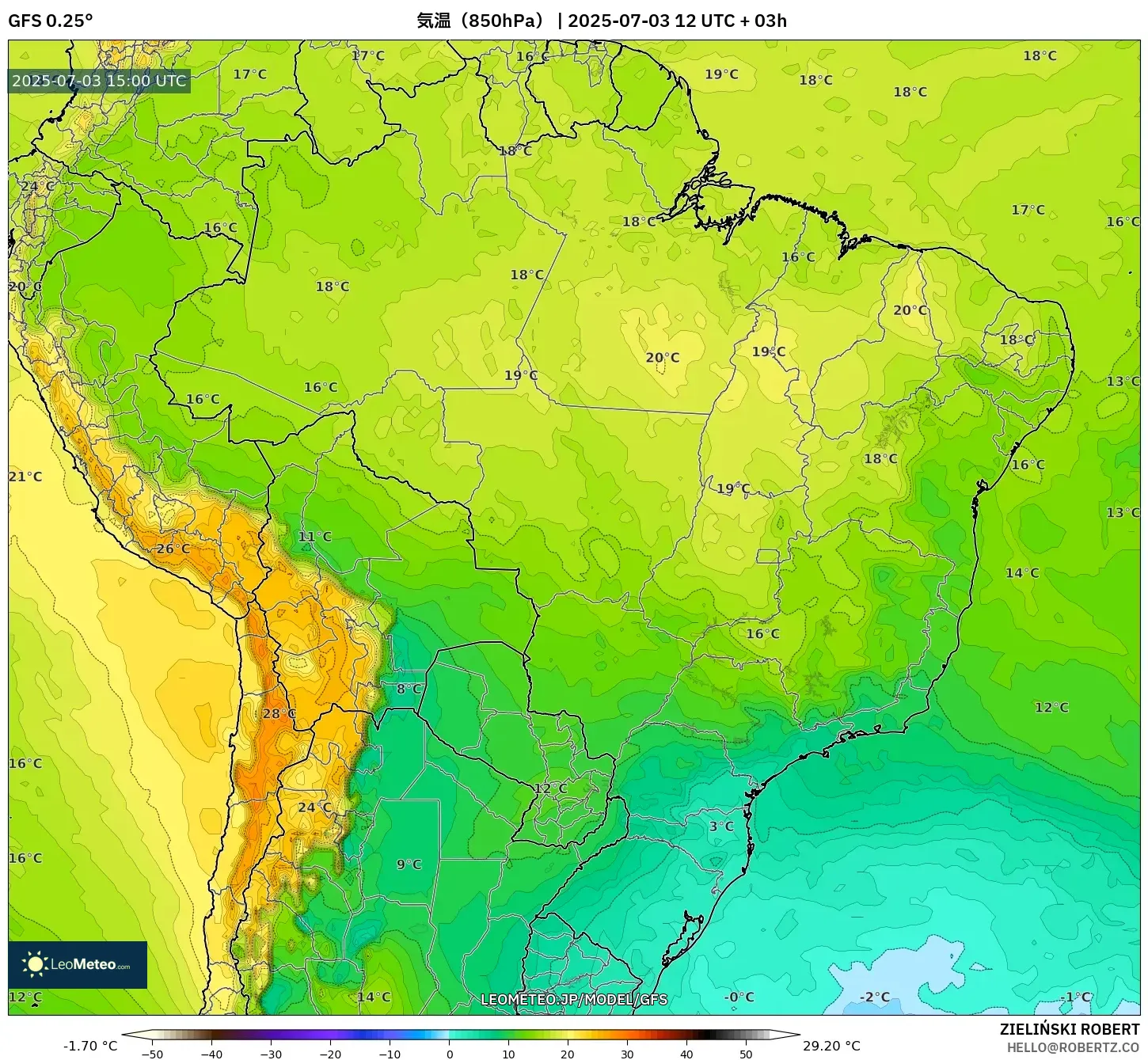 GFS model - ブラジル, 気温（850hPa）