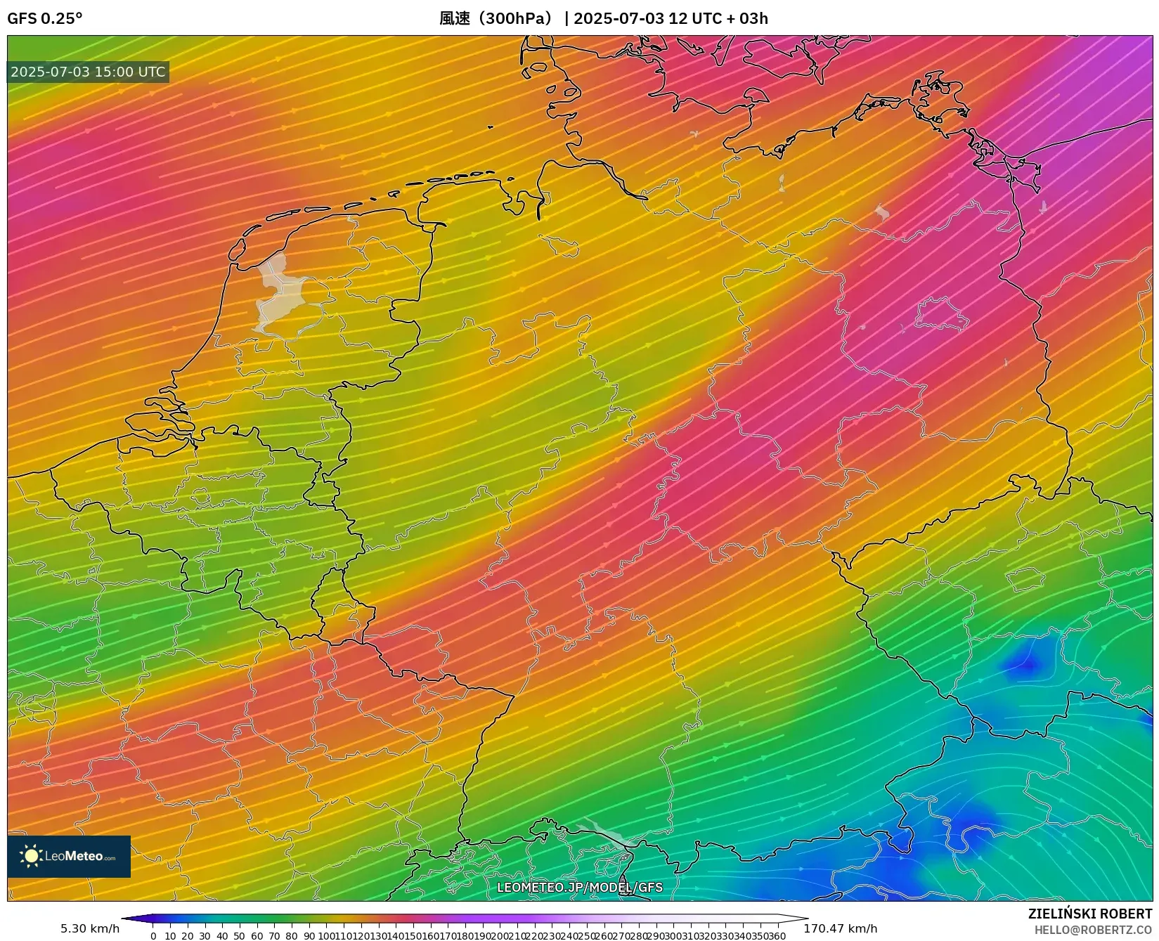 GFS model - ドイツ, 風速（300hPa）