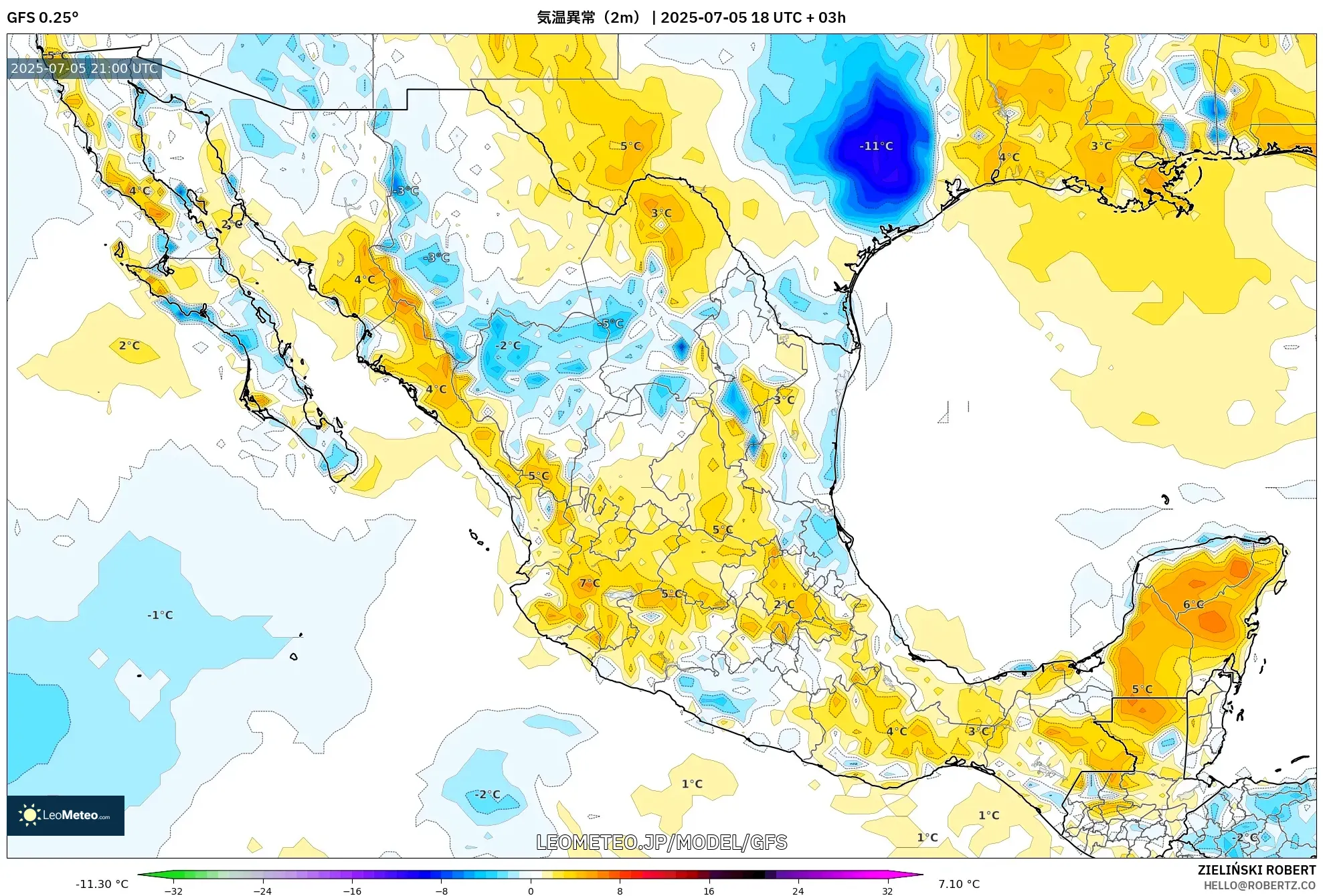 GFS model - メキシコ, 気温異常(2m) GFS model - メキシコ, 気温異常(2m)