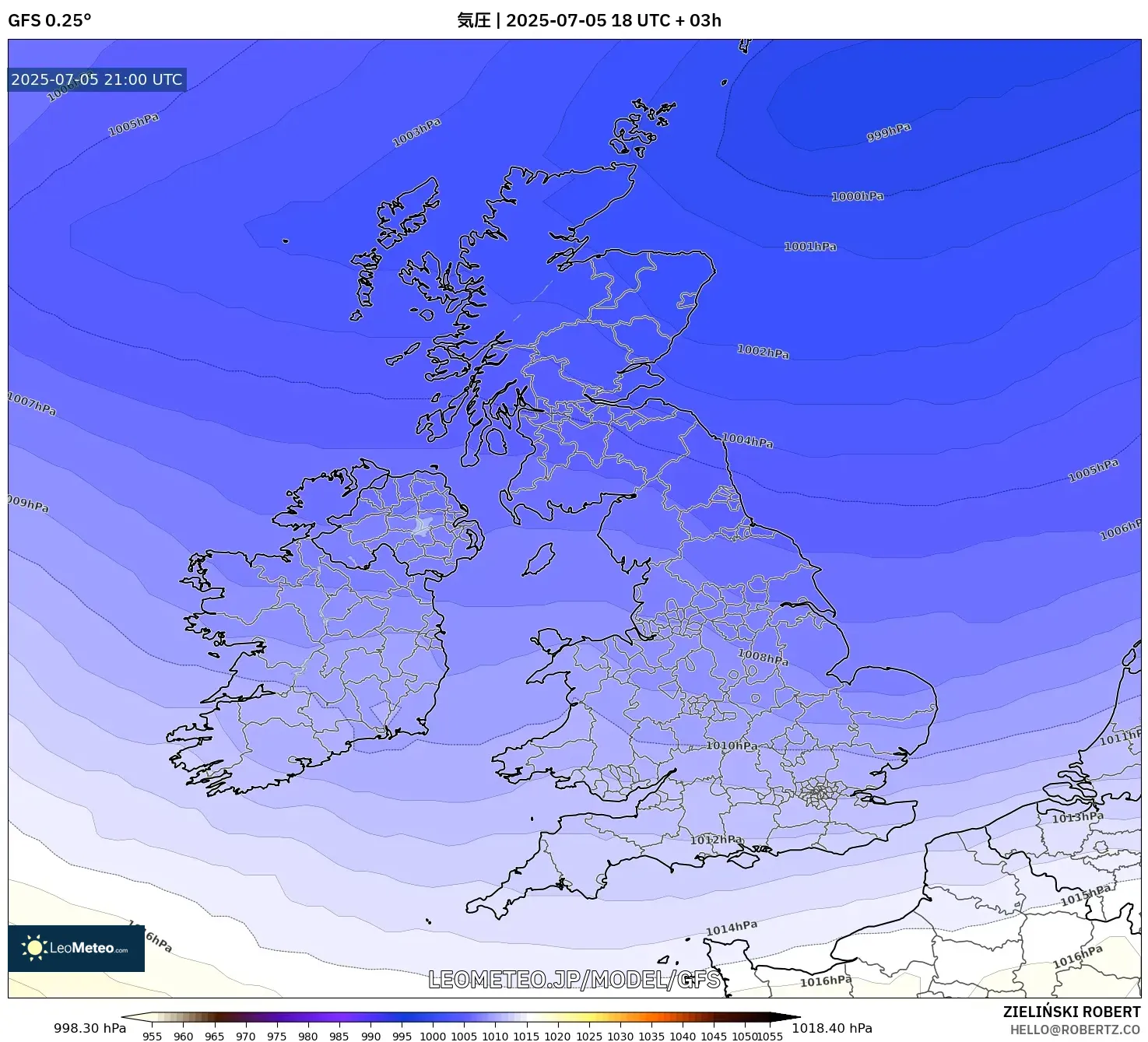 GFS model - イギリス, 気圧 GFS model - イギリス, 気圧