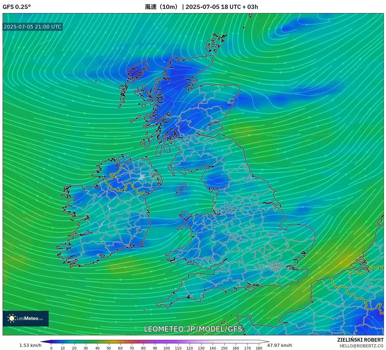 GFS model - イギリス, 風速(10m) GFS model - イギリス, 風速(10m)