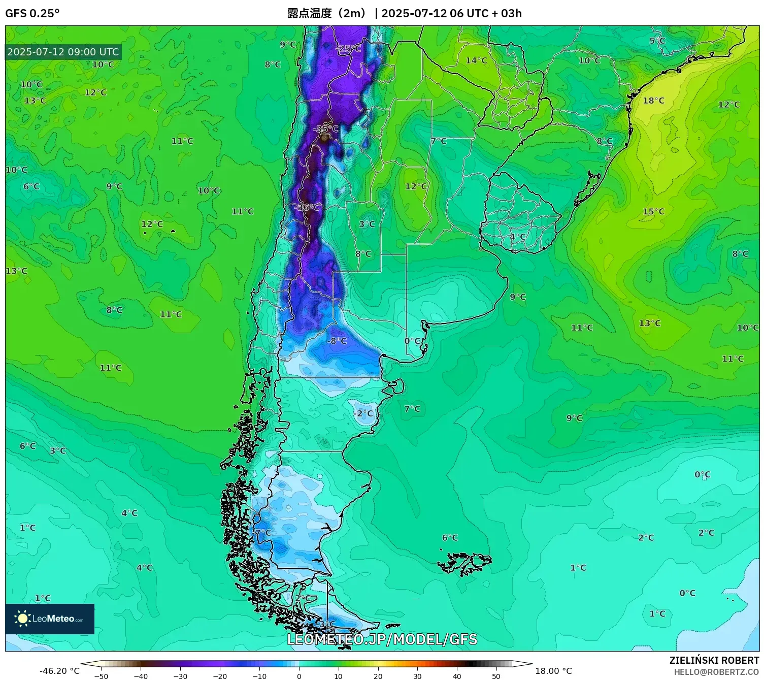 GFS model - アルゼンチン, 露点温度(2m) GFS model - アルゼンチン, 露点温度(2m)