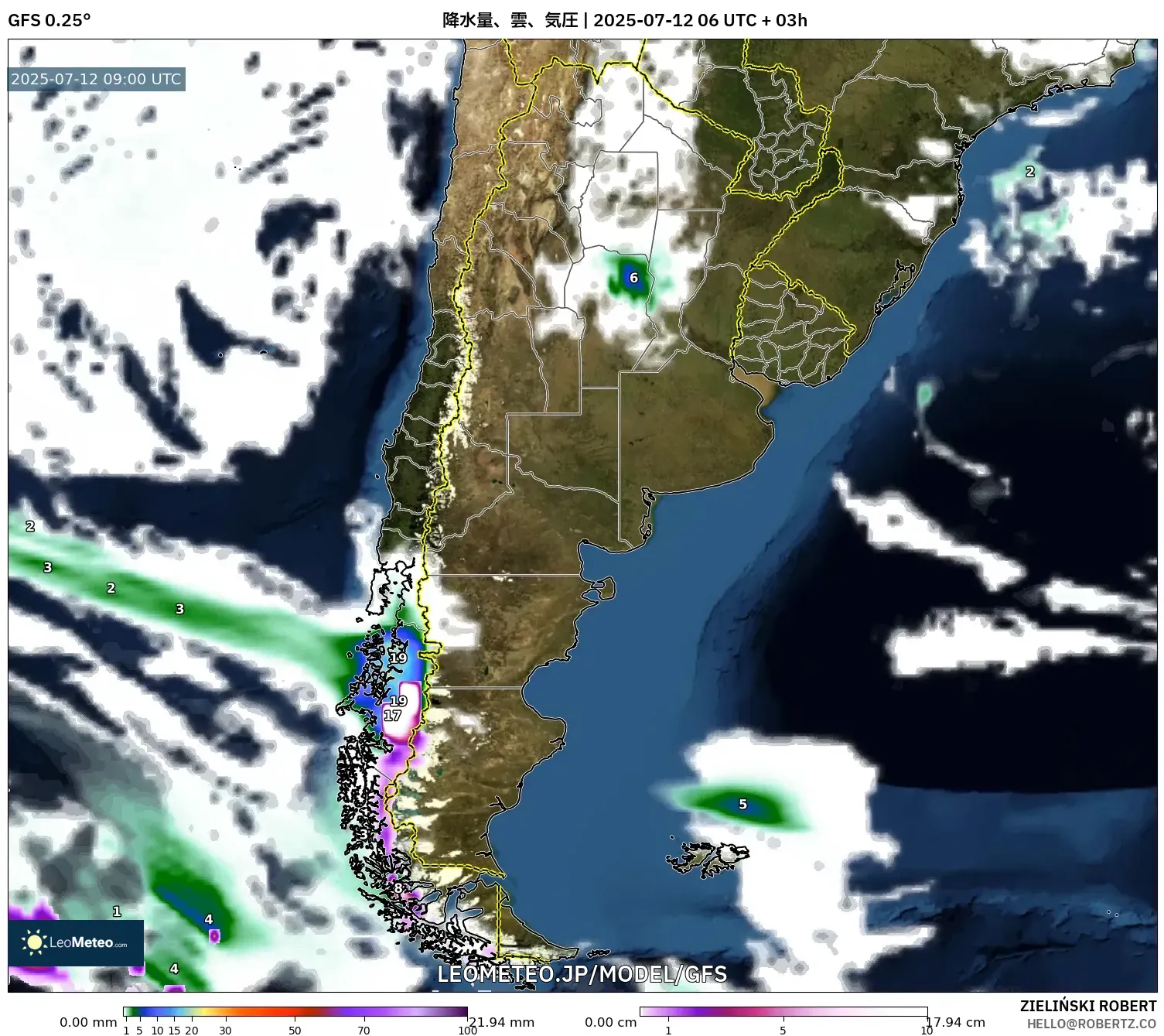 GFS model - アルゼンチン, 降水量、雲、気圧 GFS model - アルゼンチン, 降水量、雲、気圧