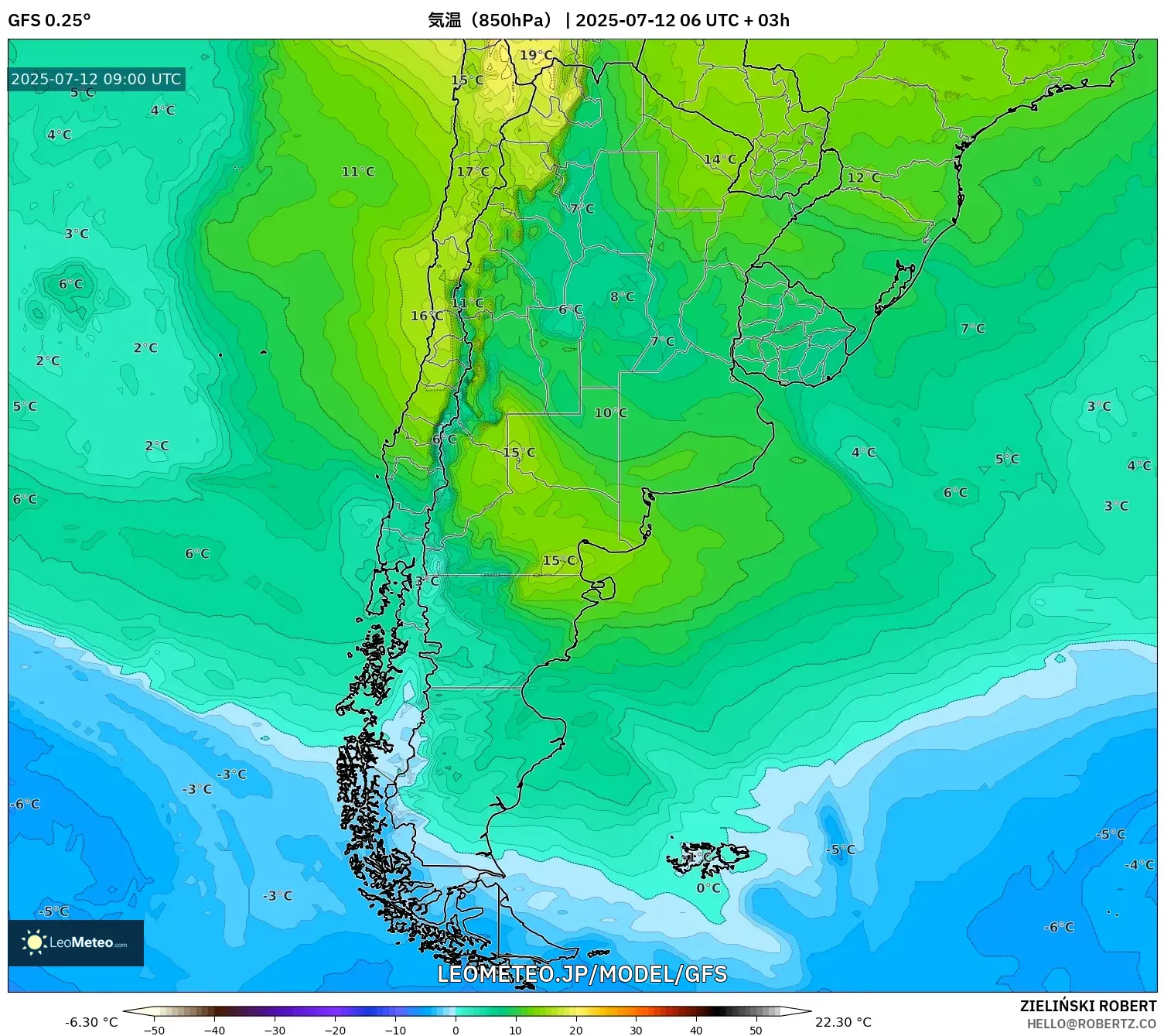 GFS model - アルゼンチン, 気温(850hPa) GFS model - アルゼンチン, 気温(850hPa)