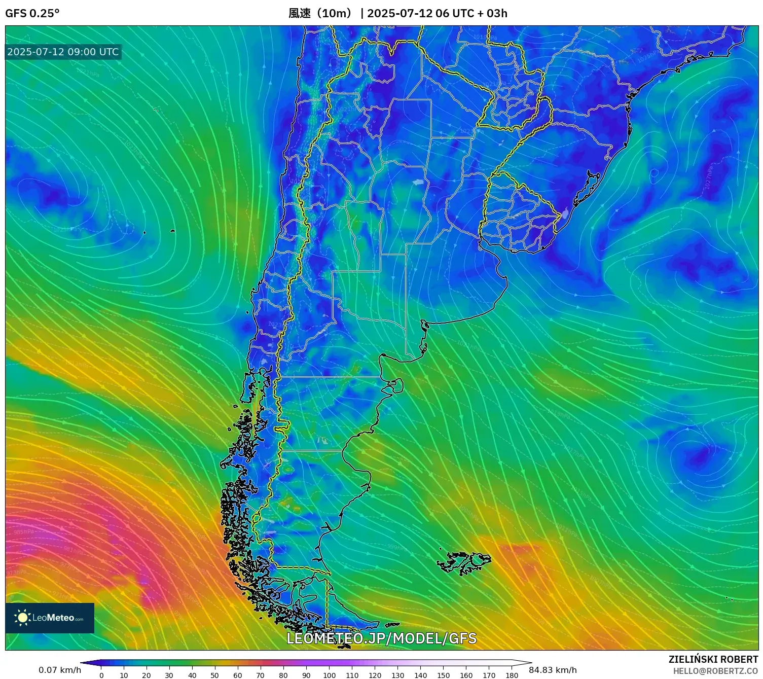 GFS model - アルゼンチン, 風速(10m) GFS model - アルゼンチン, 風速(10m)