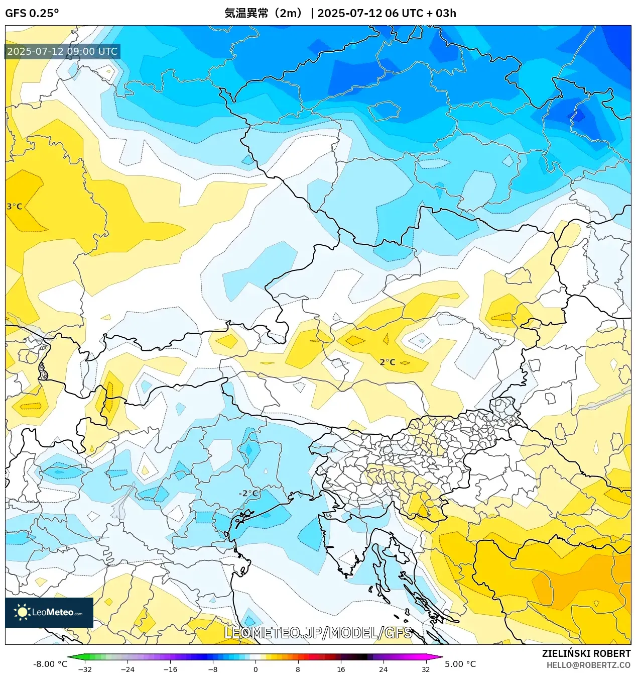 GFS model - オーストリア, 気温異常(2m) GFS model - オーストリア, 気温異常(2m)