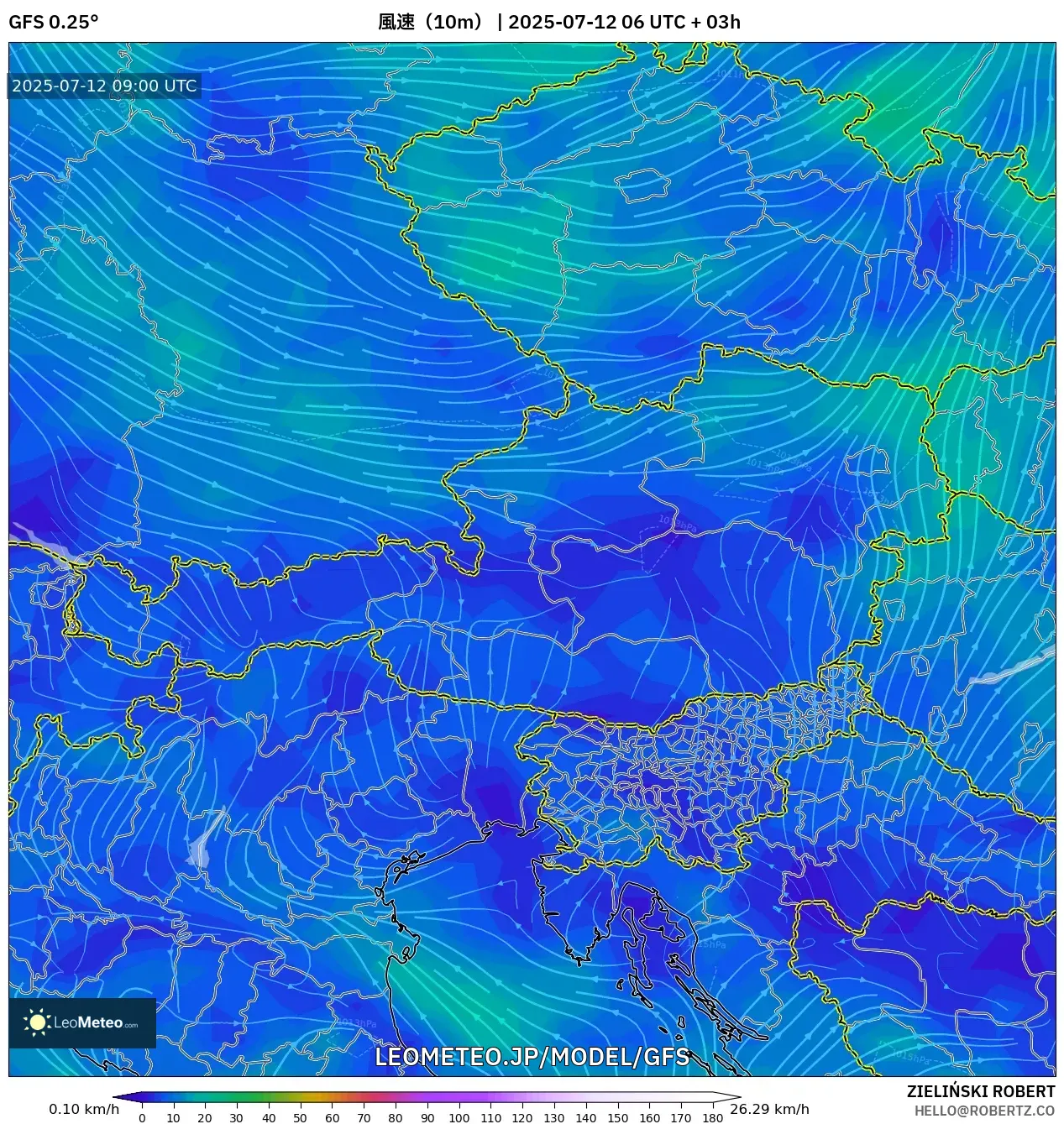 GFS model - オーストリア, 風速(10m) GFS model - オーストリア, 風速(10m)