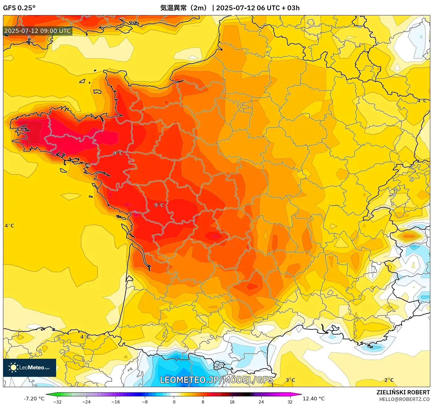 GFS model - フランス, 気温異常(2m) GFS model - フランス, 気温異常(2m)