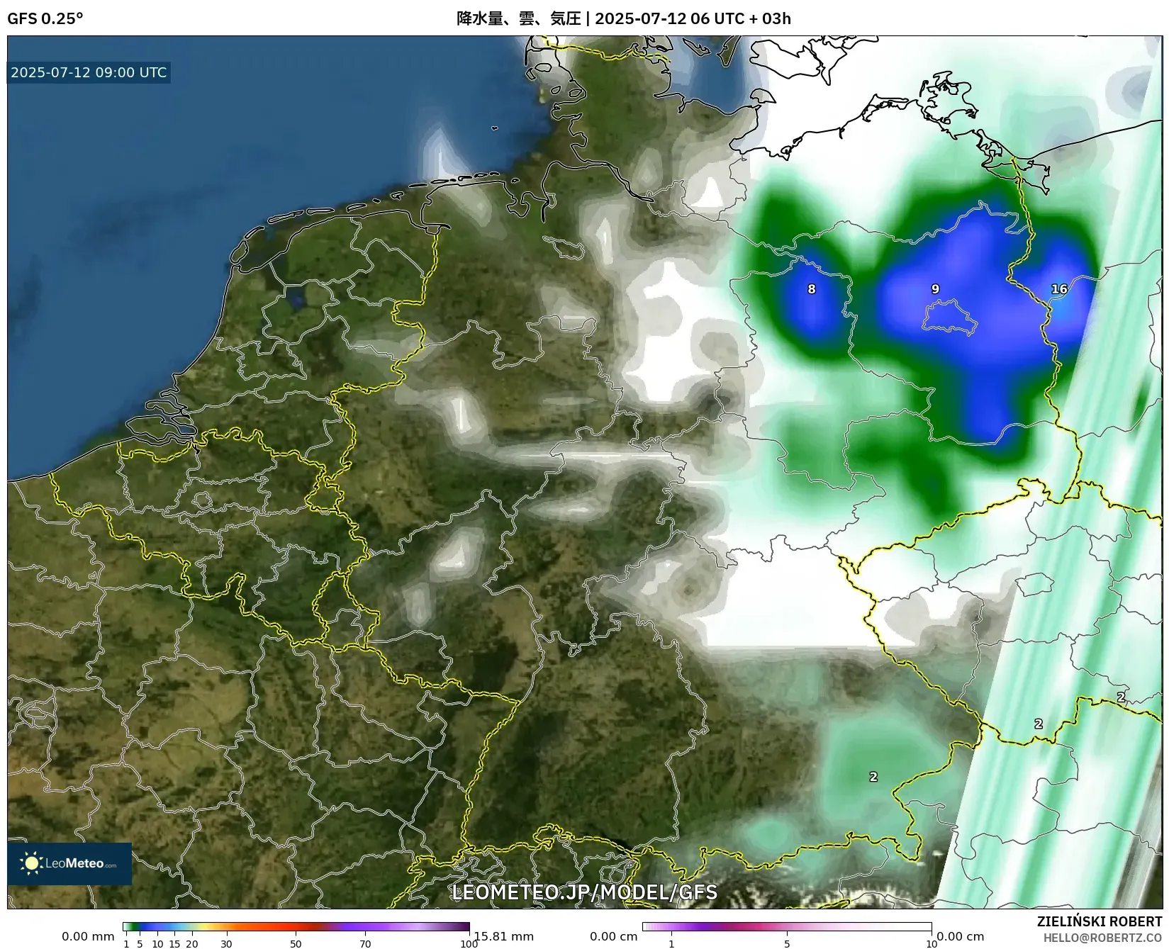 GFS model - ドイツ, 降水量、雲、気圧 GFS model - ドイツ, 降水量、雲、気圧